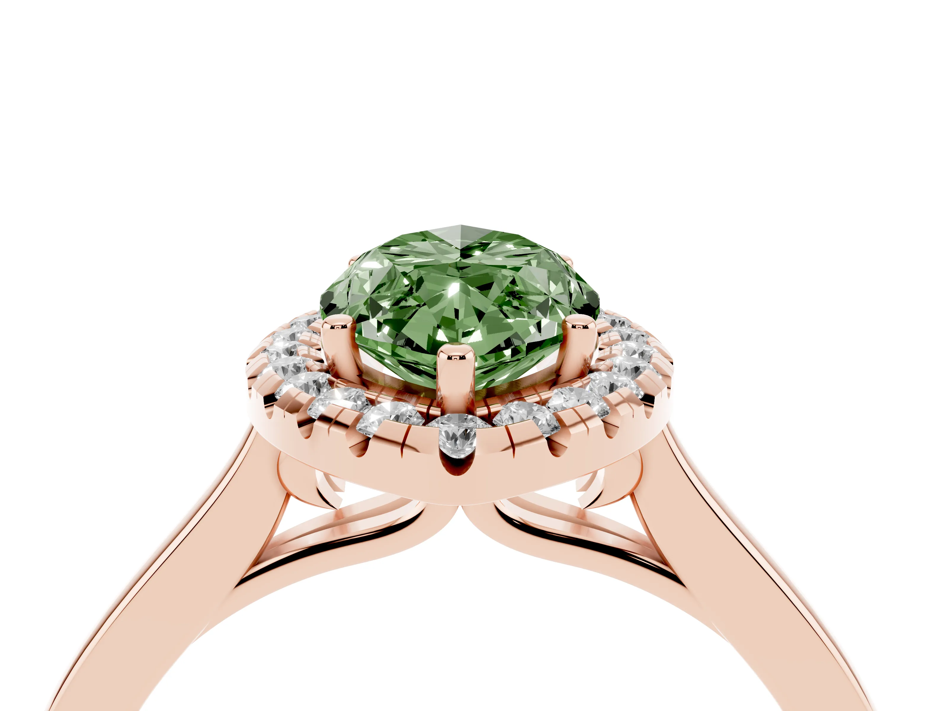 Fancy Green Marquise Cut Halo Round Diamond Solitaire Ring Set in Rose gold with Pavé Band and Prong Setting