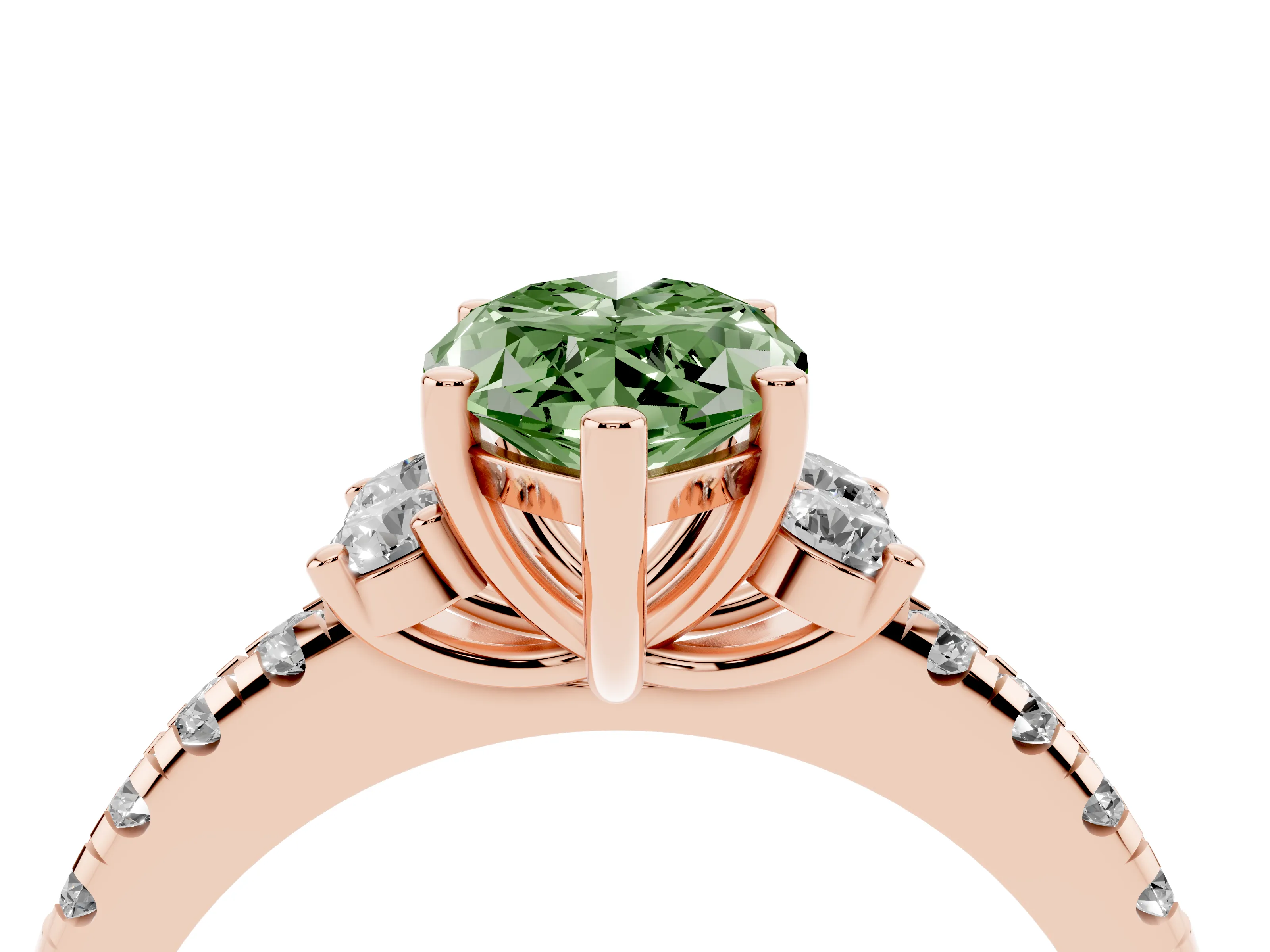 Fancy Green Marquise Cut Diamond Three-Stone Pavé Ring Set in Rose gold with Prong Setting