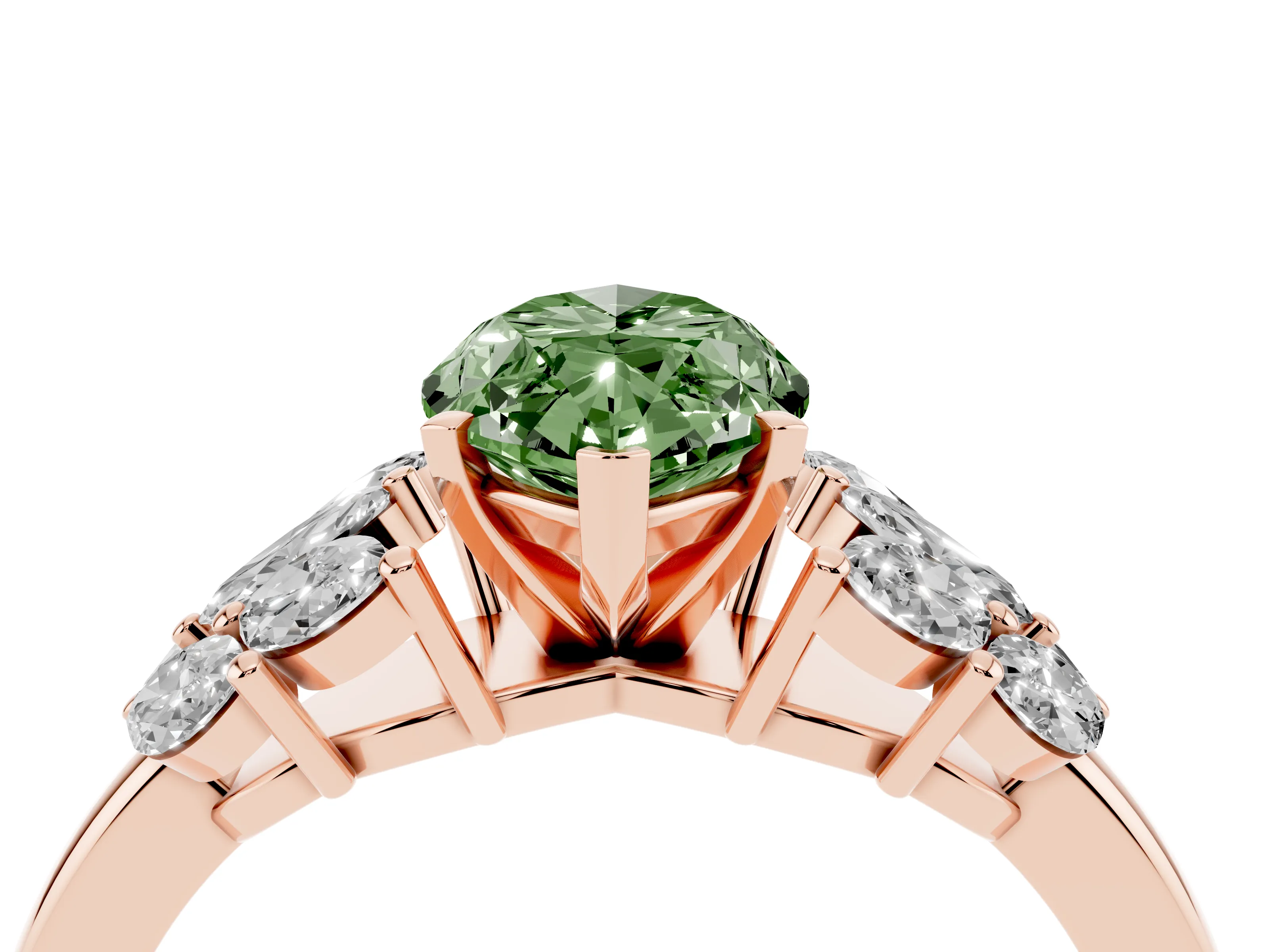 Fancy Green Marquise Cut Diamond Cluster Leaf Design Ring Set in Rose gold with Prong Setting