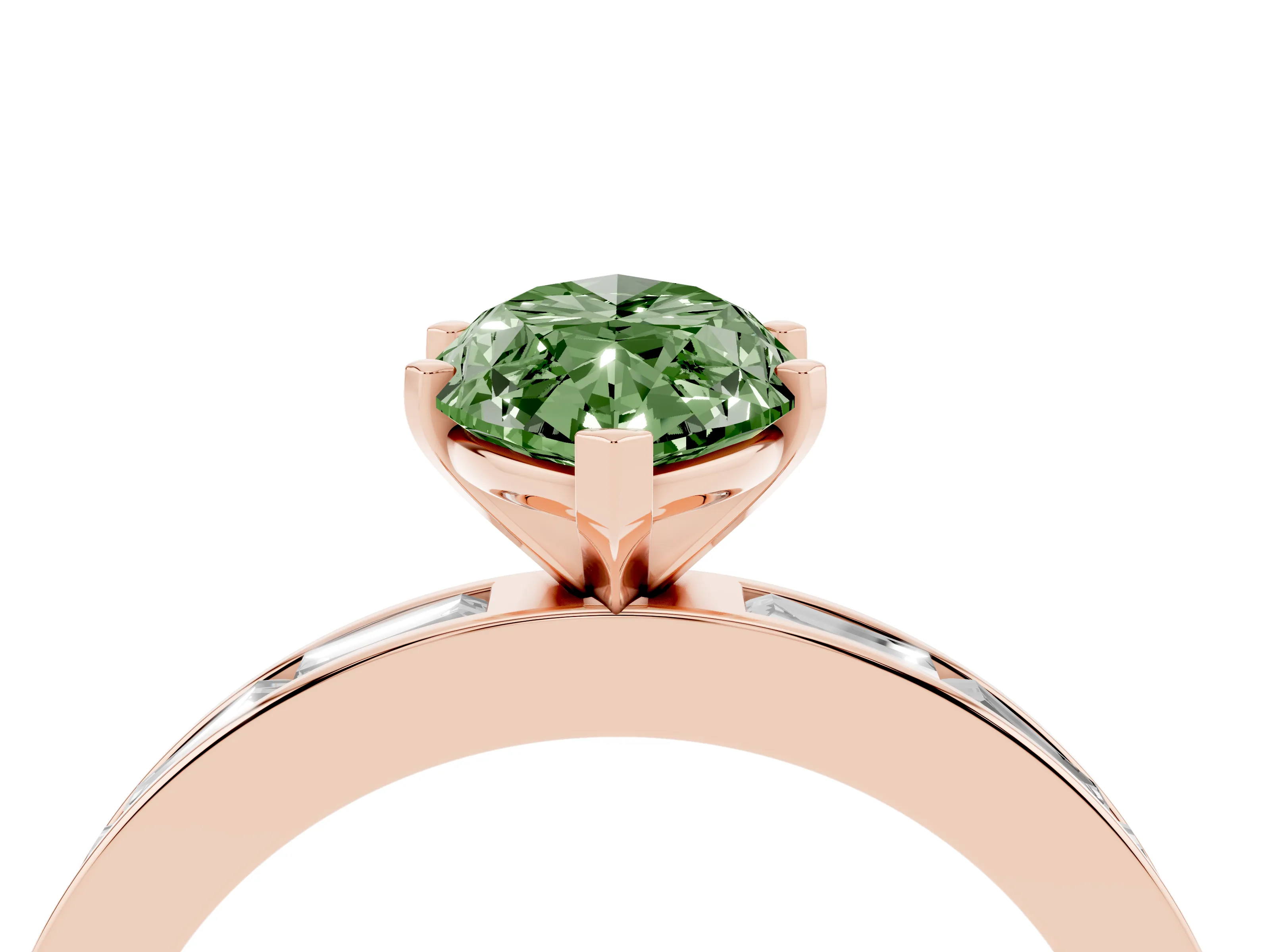 Fancy Green Marquise Cut Diamond Solitaire Ring Set in Rose gold with Channel-Set Baguette Band and Prong Setting