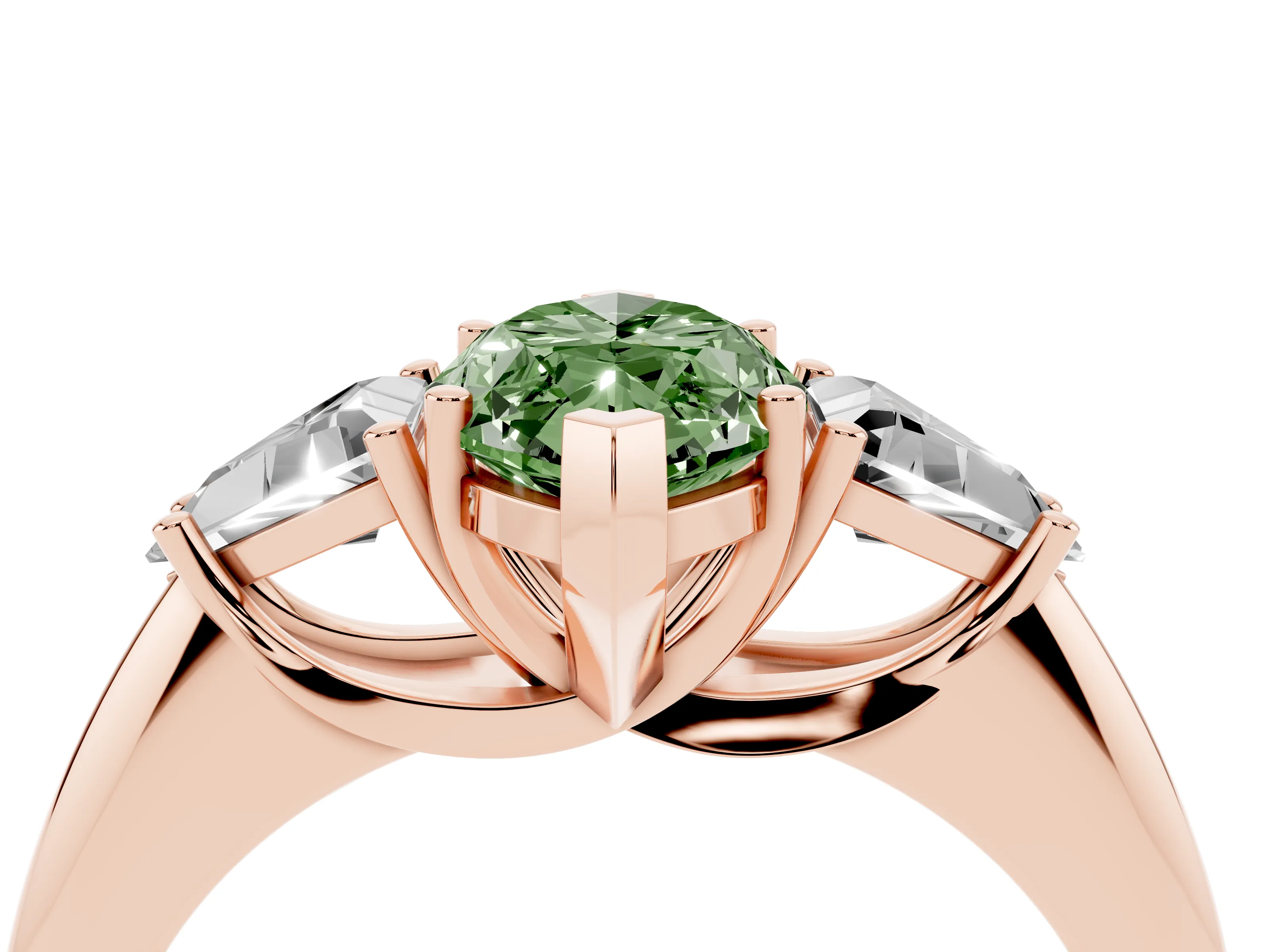 Fancy Green Marquise Cut Diamond Three-Stone Engagement Ring Set in Rose gold with Trillion Side Stones