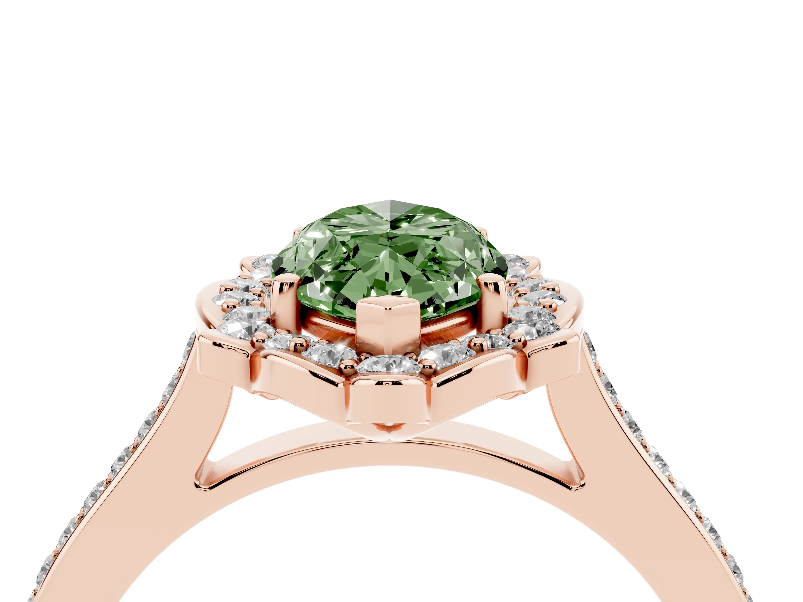 Fancy Green Marquise Cut Diamond Halo Ring Set in Rose gold with Pavé-Lined Shoulders and Prong Setting