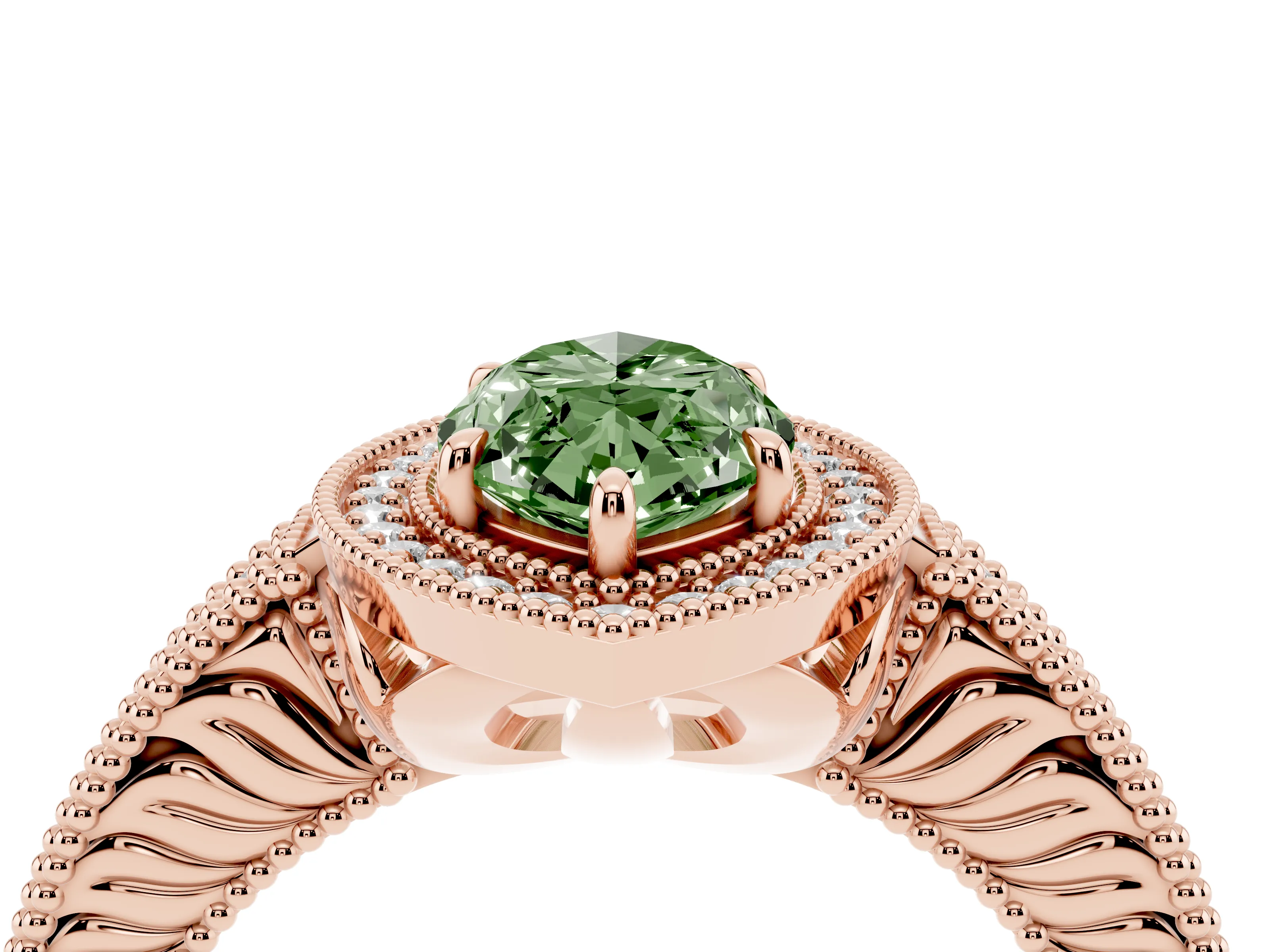 Fancy Green Marquise Cut Diamond Halo Ring Set in Rose gold with Round Accent Halo, Pavé Band and Prong Setting