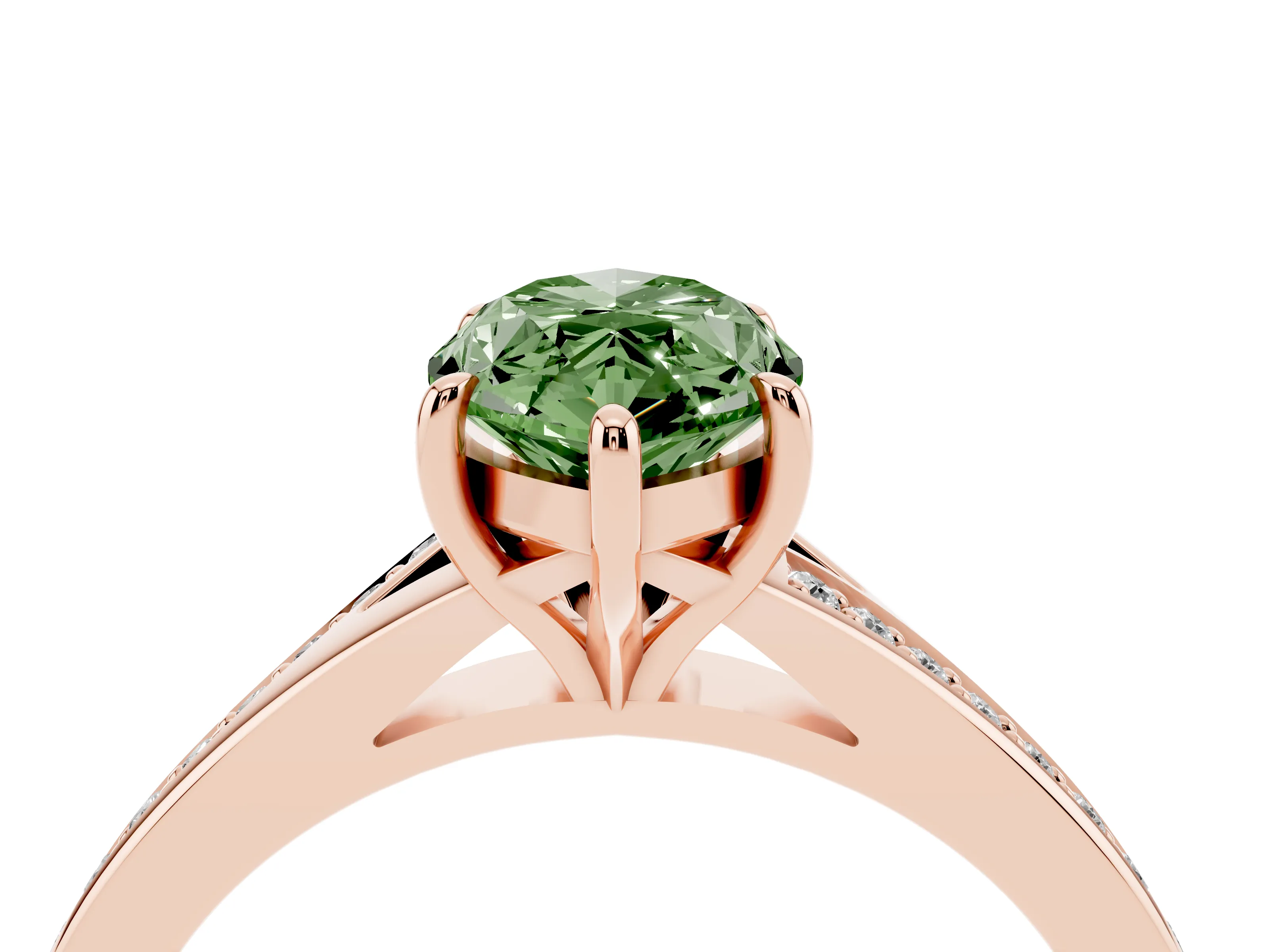 Fancy Green Marquise Cut Diamond Solitaire Ring Set in Rose gold with Pavé Accent Band and Classic Prong Setting
