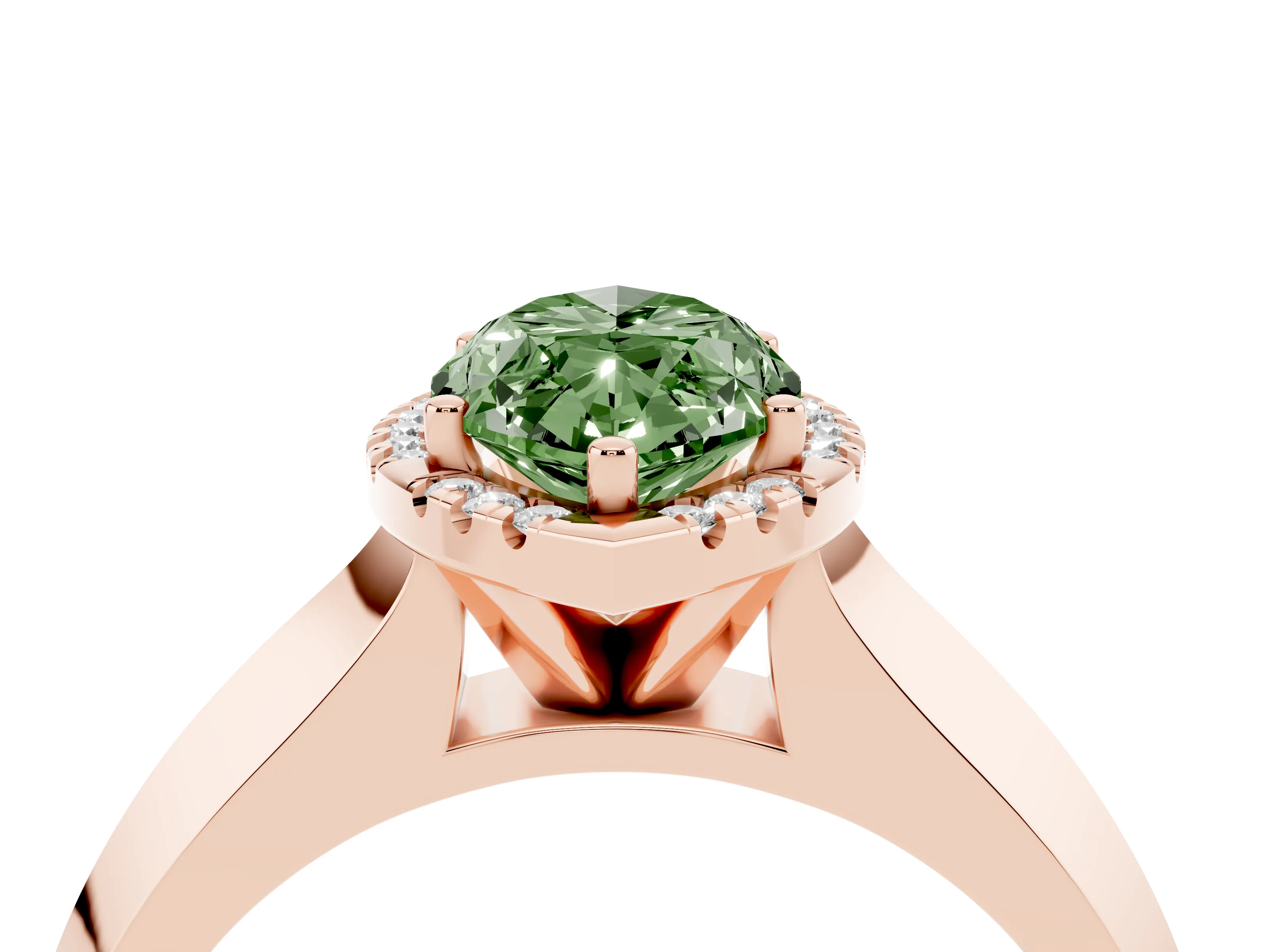 Fancy Green Marquise Cut Diamond Halo Ring Set in Rose gold with Cathedral Band and Prong Setting