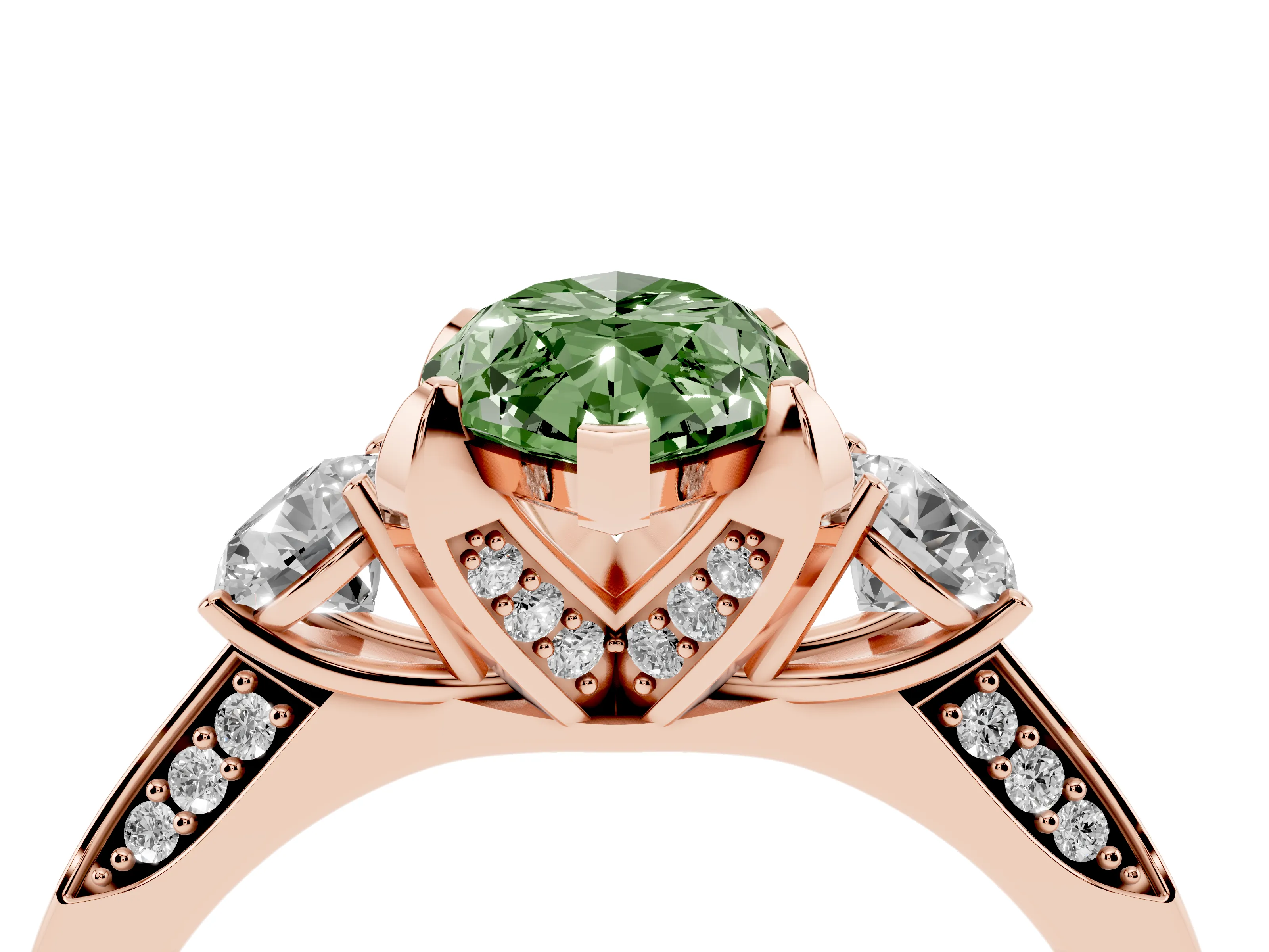 Fancy Green Marquise Cut Diamond Three-Stone Ring Set in Rose gold with Pavé Band and Smaller Side Stones
