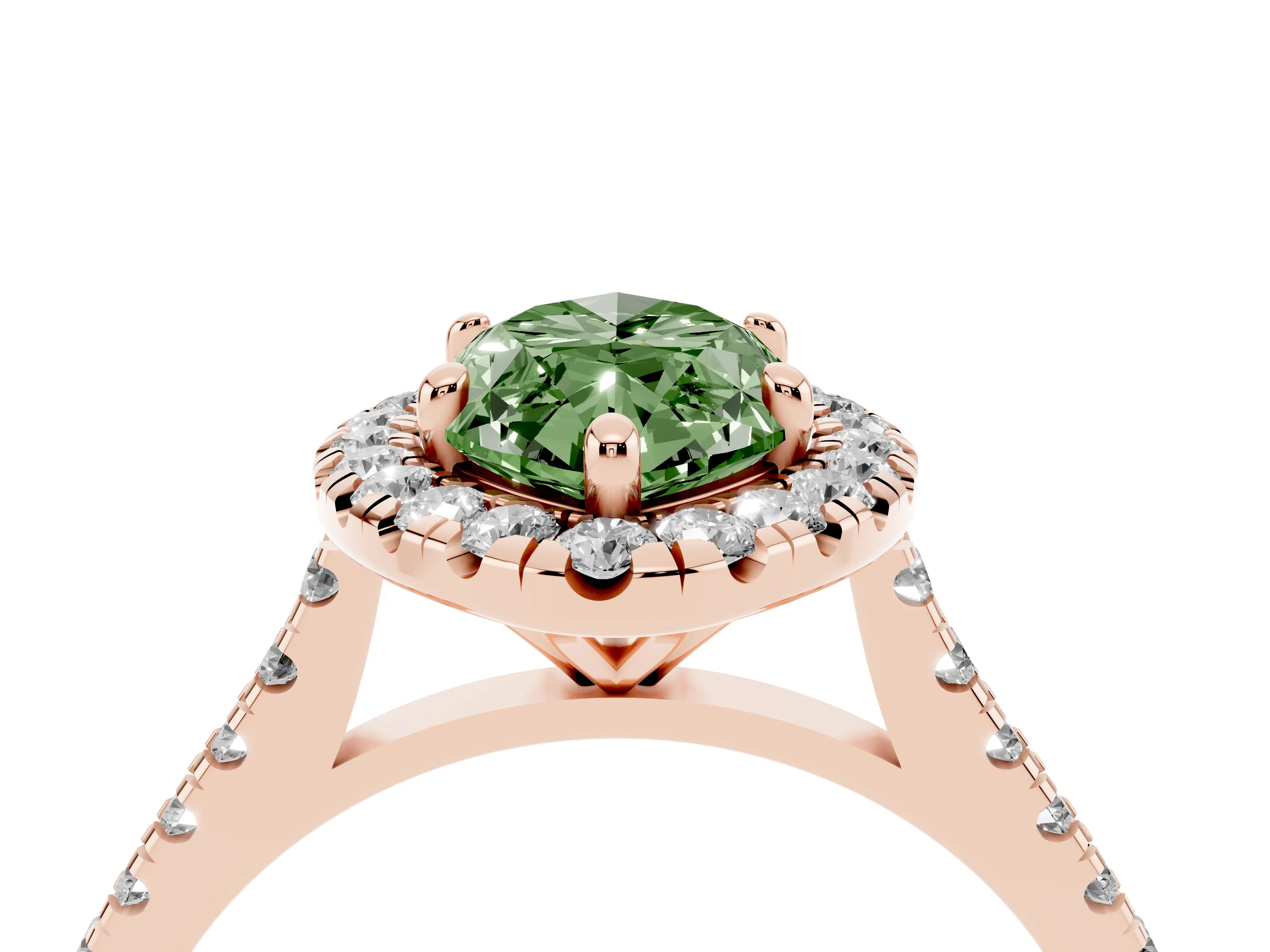 Fancy Green Marquise Cut Diamond Cushion Halo Ring Set in Rose gold with Pavé Band