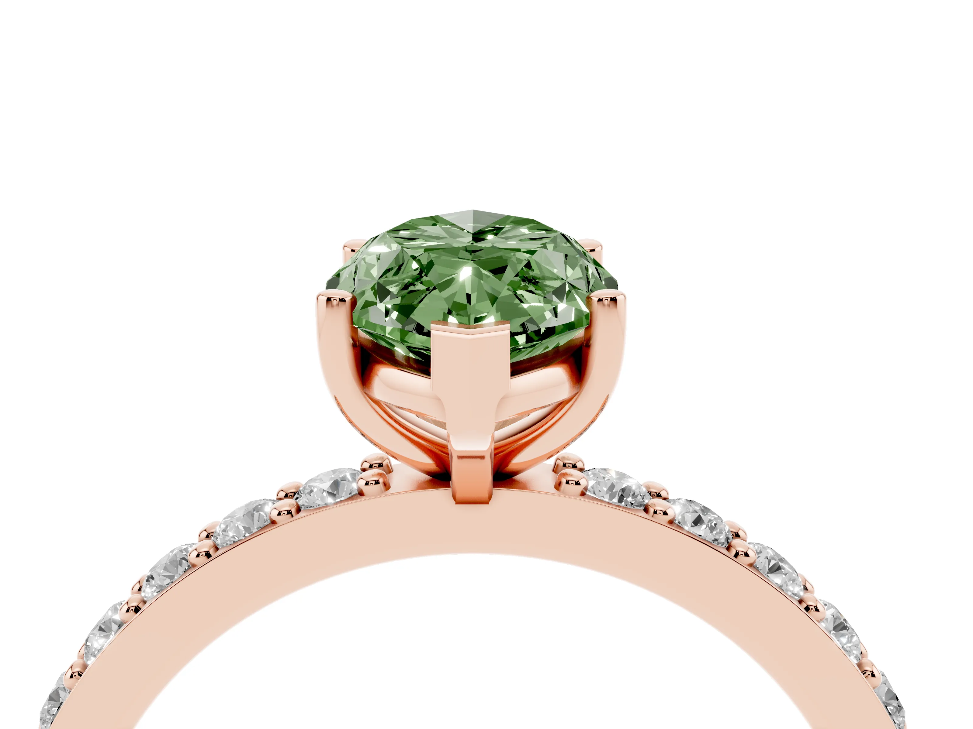 Fancy Green Marquise Cut Diamond Solitaire Set in Rose gold with Round Pavé Band and Prong Setting