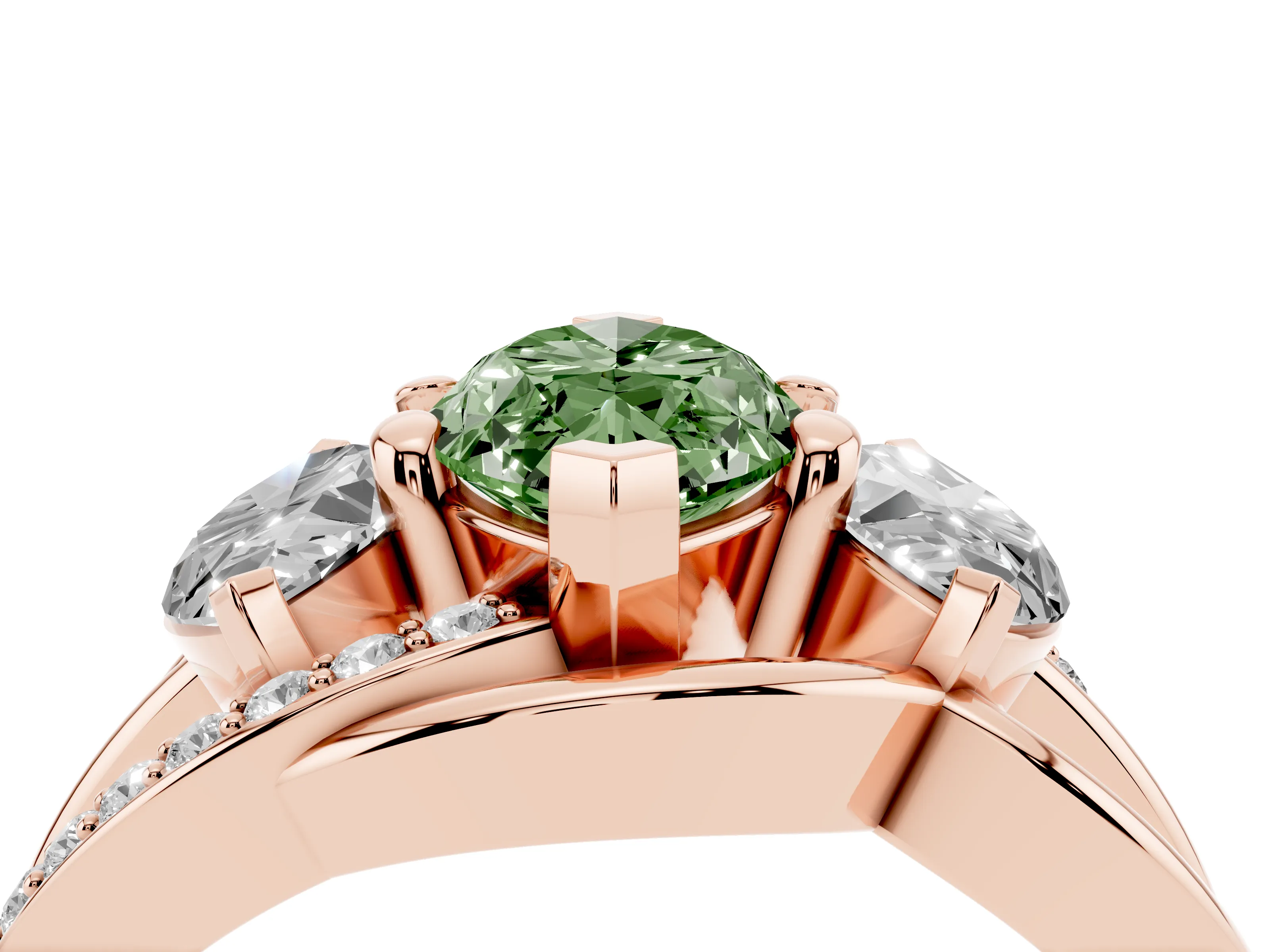Fancy Green Marquise Cut Diamond Three-Stone Ring Set in Rose gold with Split Shank and Prong Setting