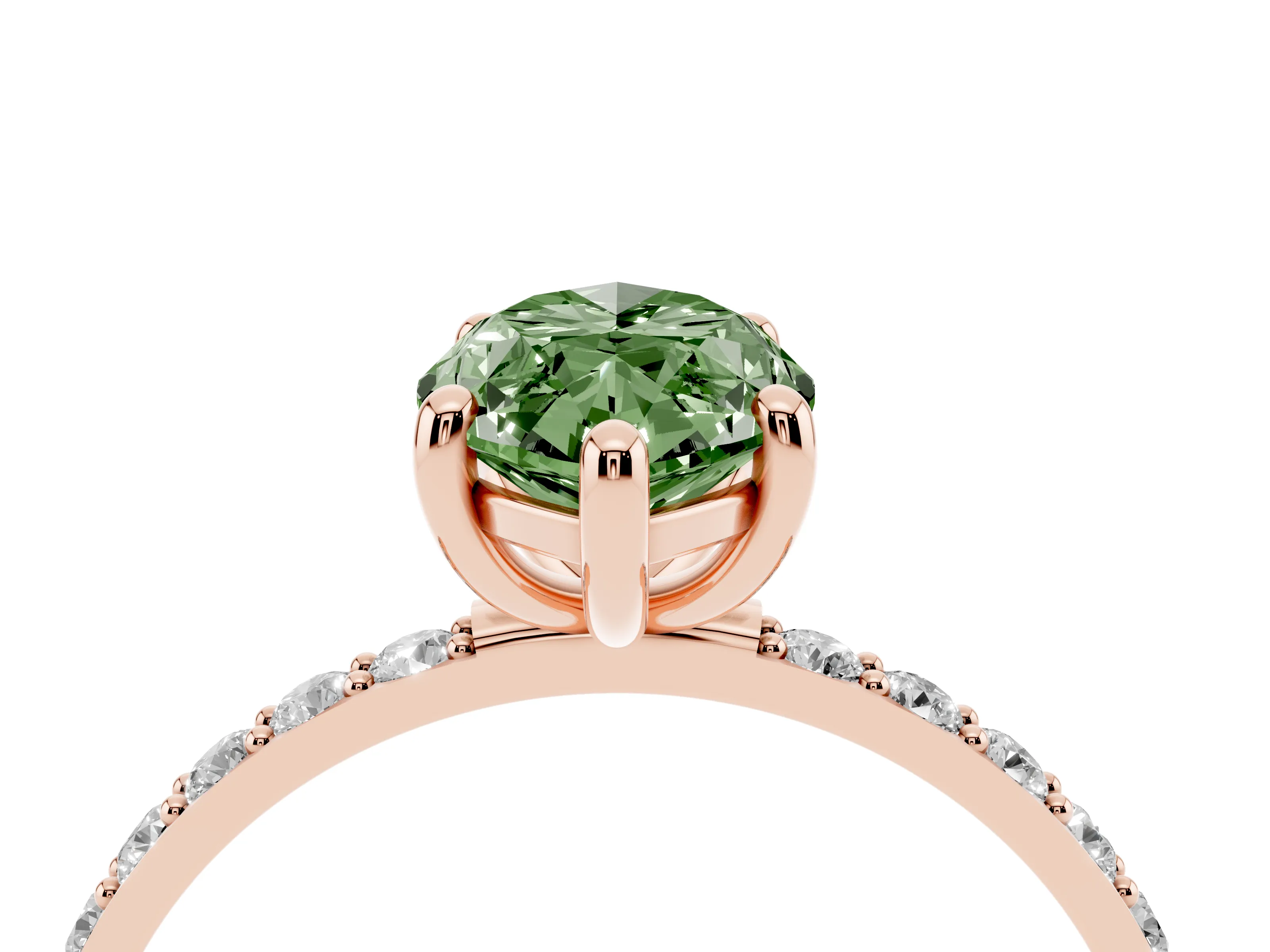 Fancy Green Marquise Cut Diamond Solitaire Ring Set in Rose gold with Round Pavé Band and Prong Setting