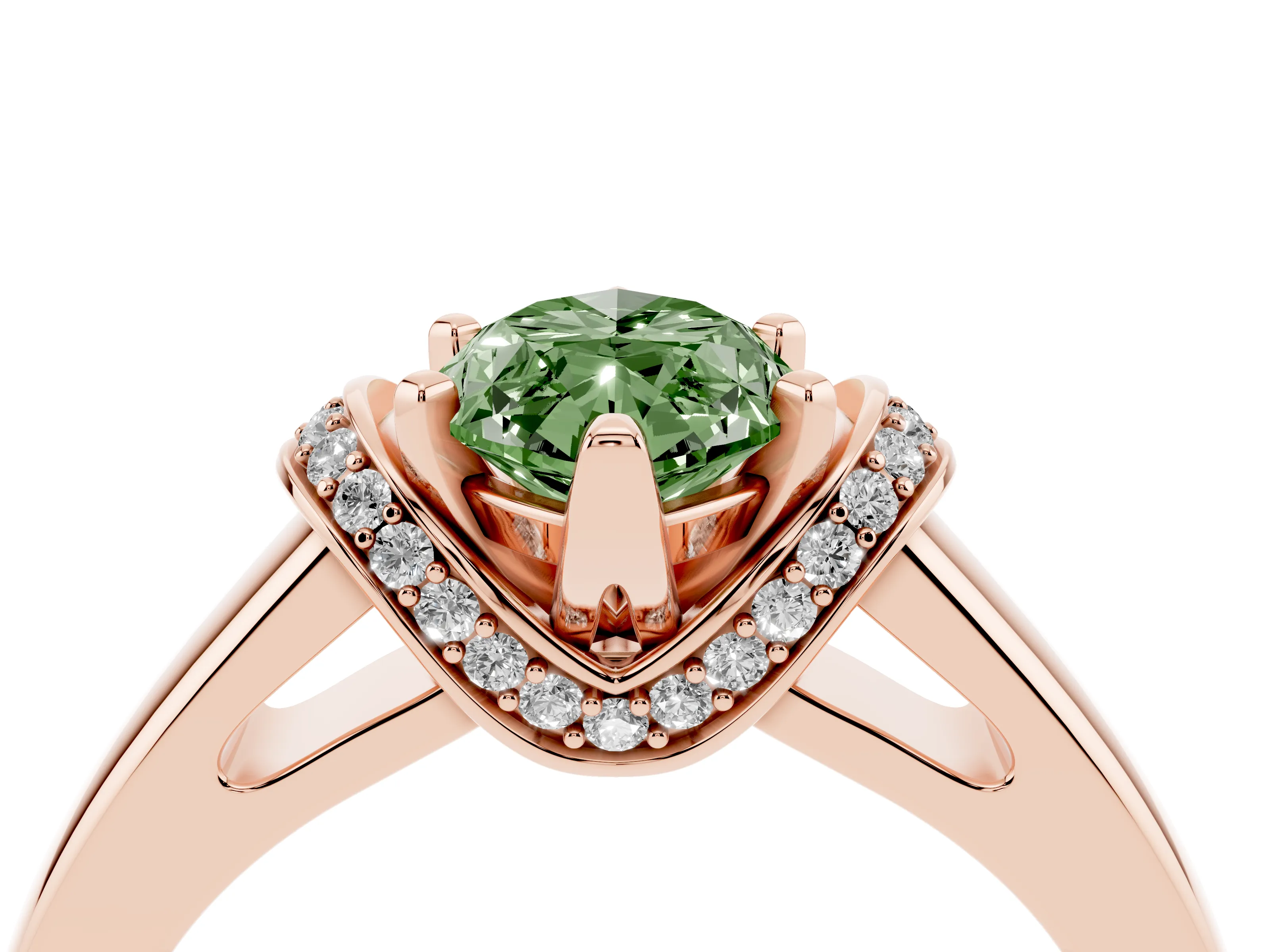 Fancy Green Marquise Cut Diamond Pavé Band Solitaire Ring Set in Rose gold with Prong Setting