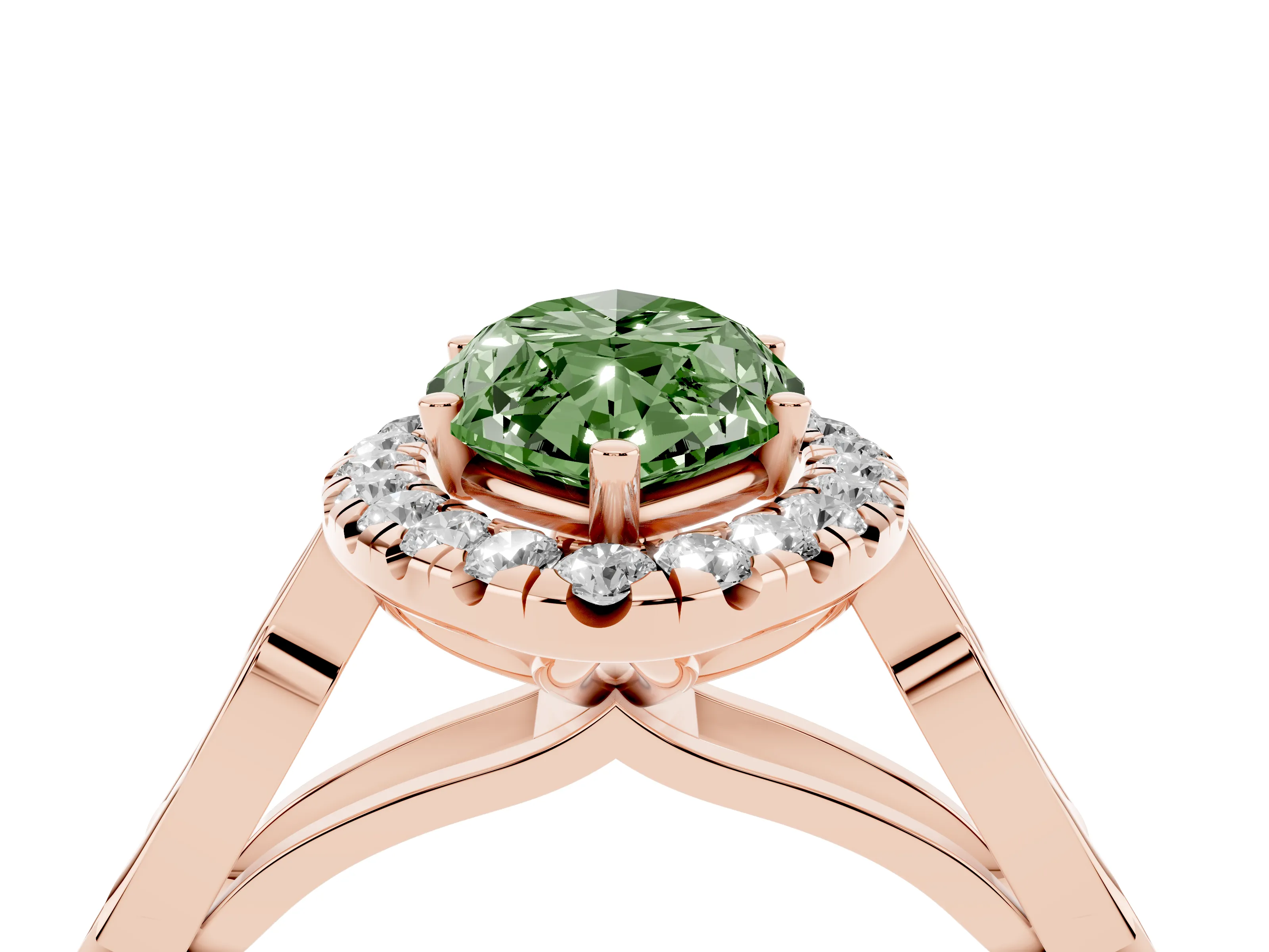 Fancy Green Marquise Cut Diamond Halo Engagement Ring Set in Rose gold with Filigree Band and Prong-Set Center