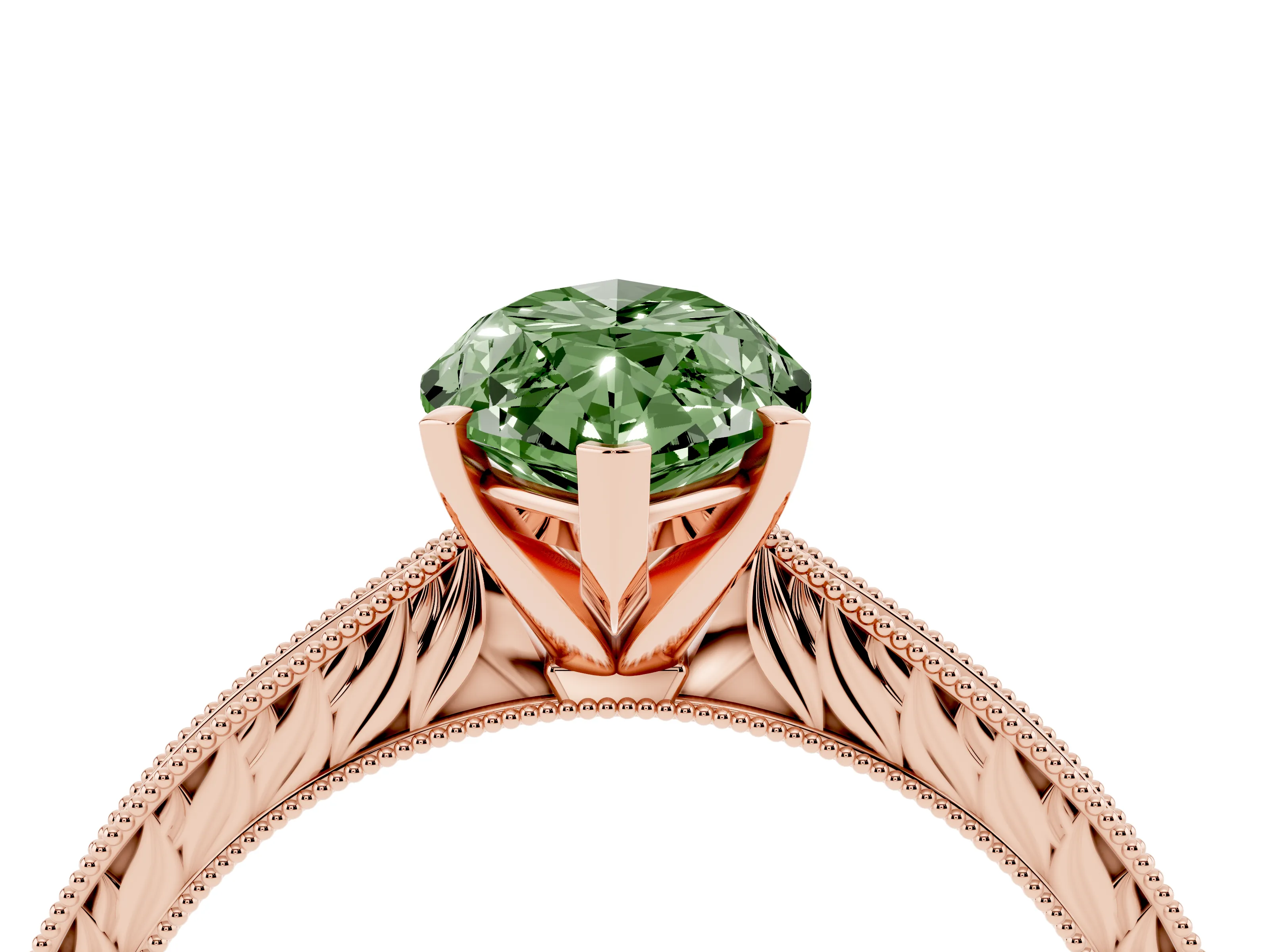 Fancy Green Marquise Cut Diamond Solitaire Milgrain Engraved Band Set in Rose gold with Prong Setting