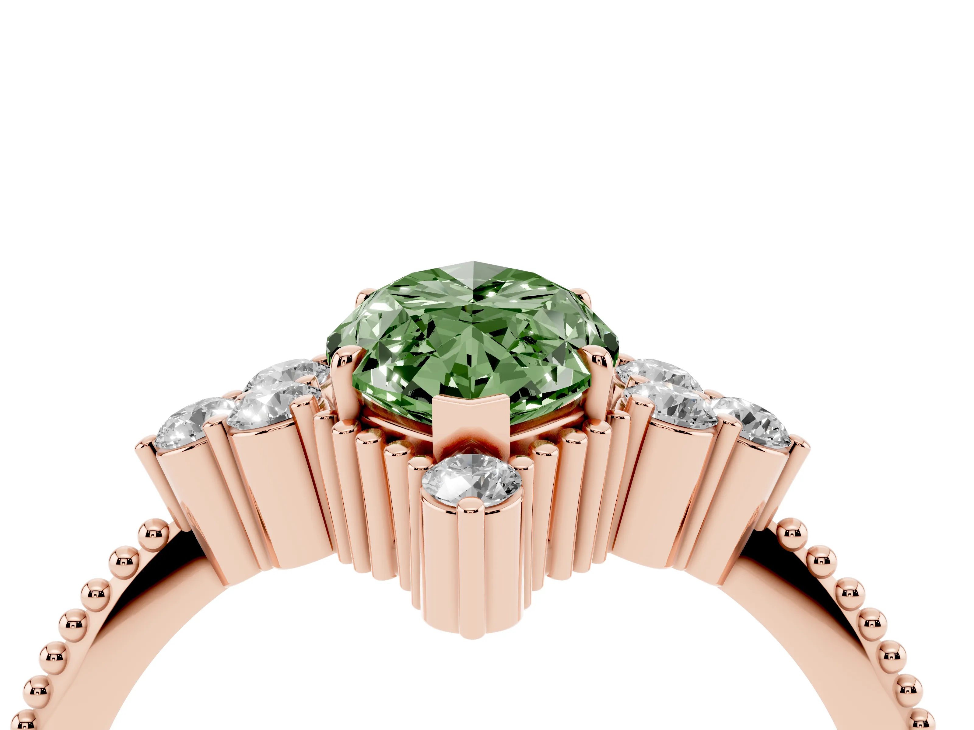 Fancy Green Marquise Cut Diamond Cluster Ring Set in Rose gold with Beaded Band