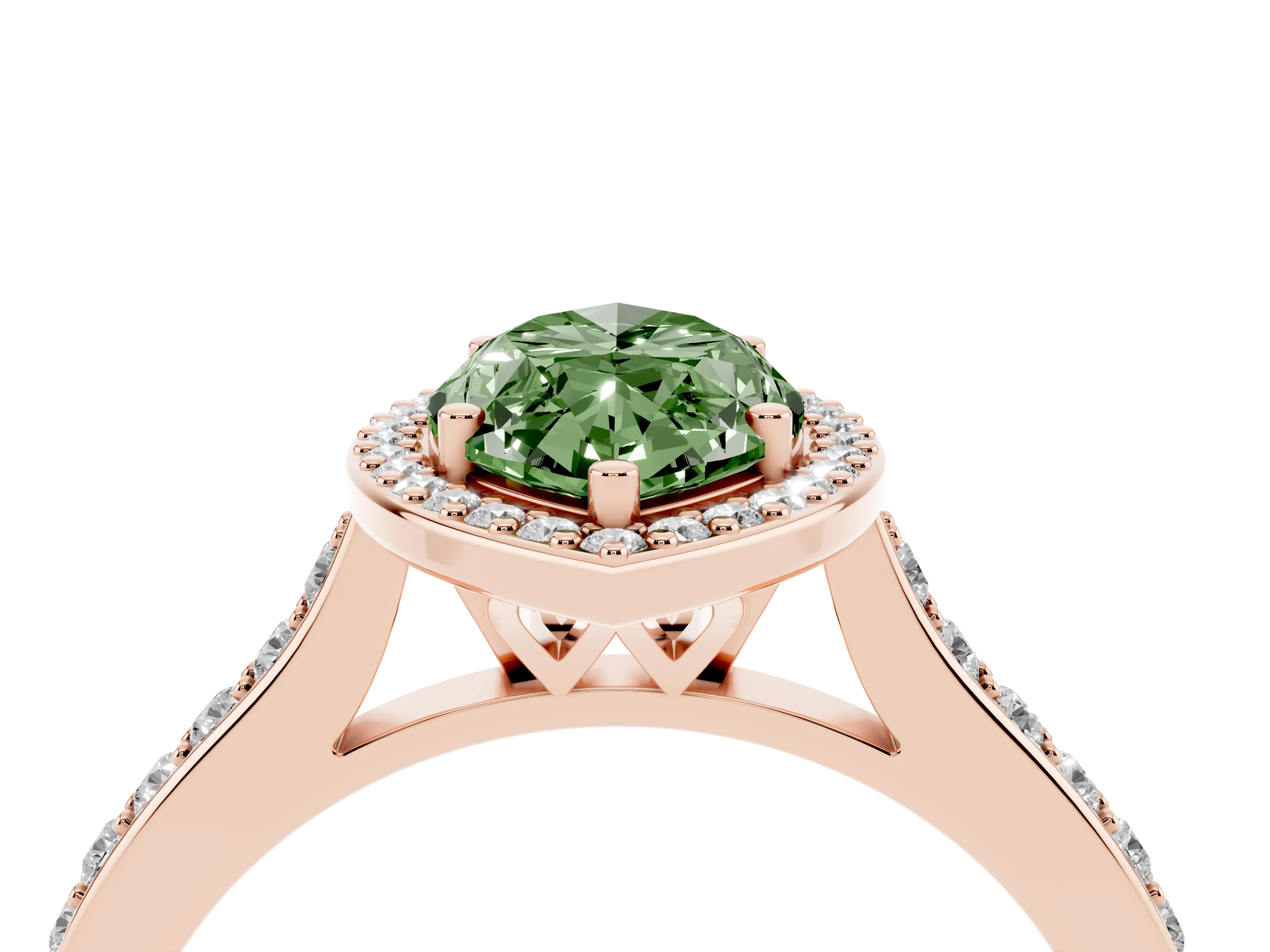 Fancy Green Marquise Cut Diamond Halo Engagement Ring Set in Rose gold with Round Pavé Shoulders and Heart Gallery
