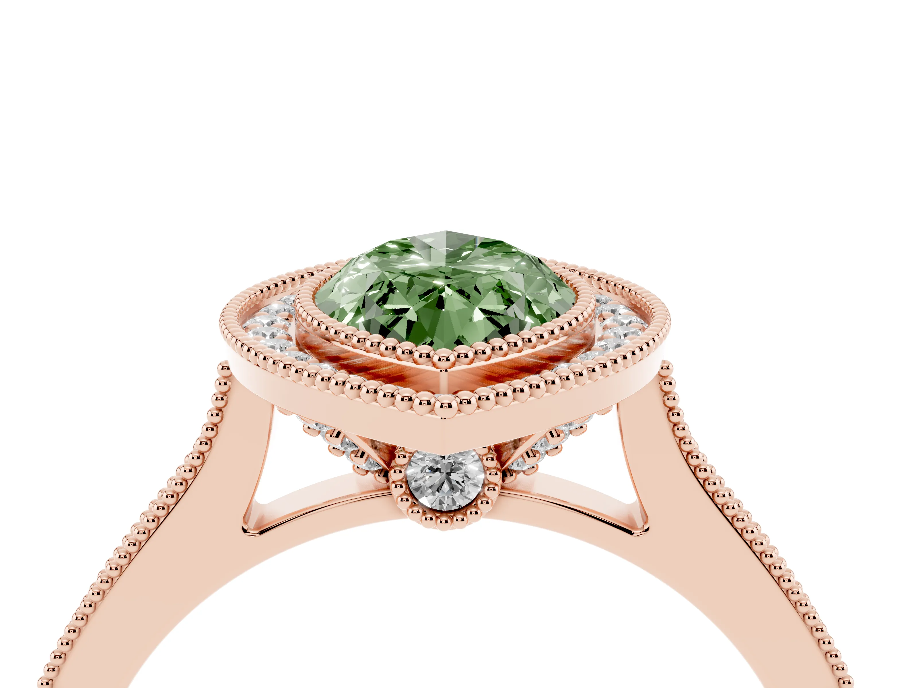 Fancy Green Marquise Cut Diamond Halo Milgrain Pavé Band Ring Set in Rose gold with Prong Setting