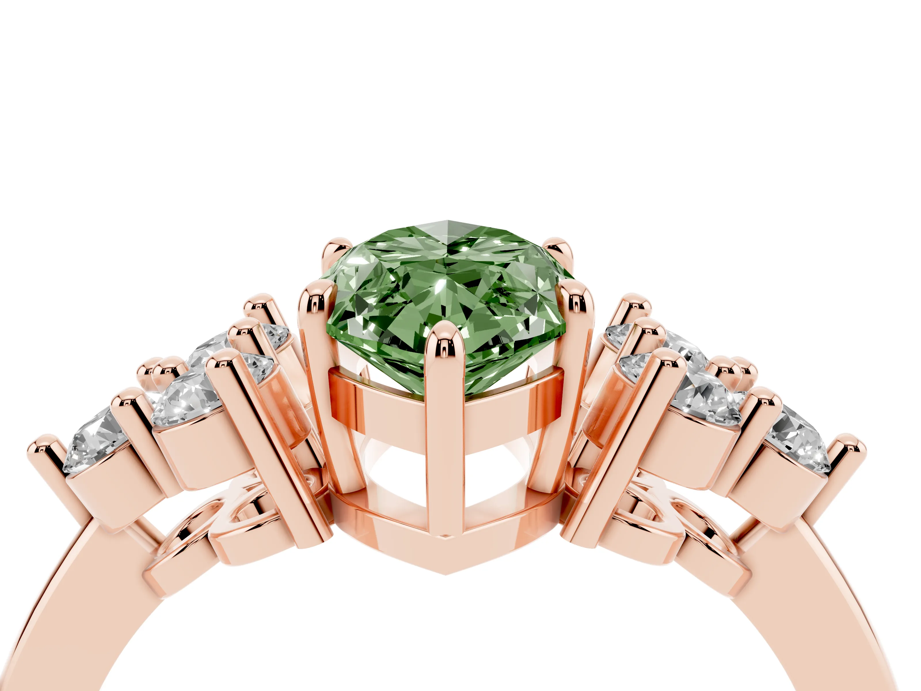 Fancy Green Marquise Cut Diamond Solitaire Ring Set in Rose gold with Cluster Accents on Each Side