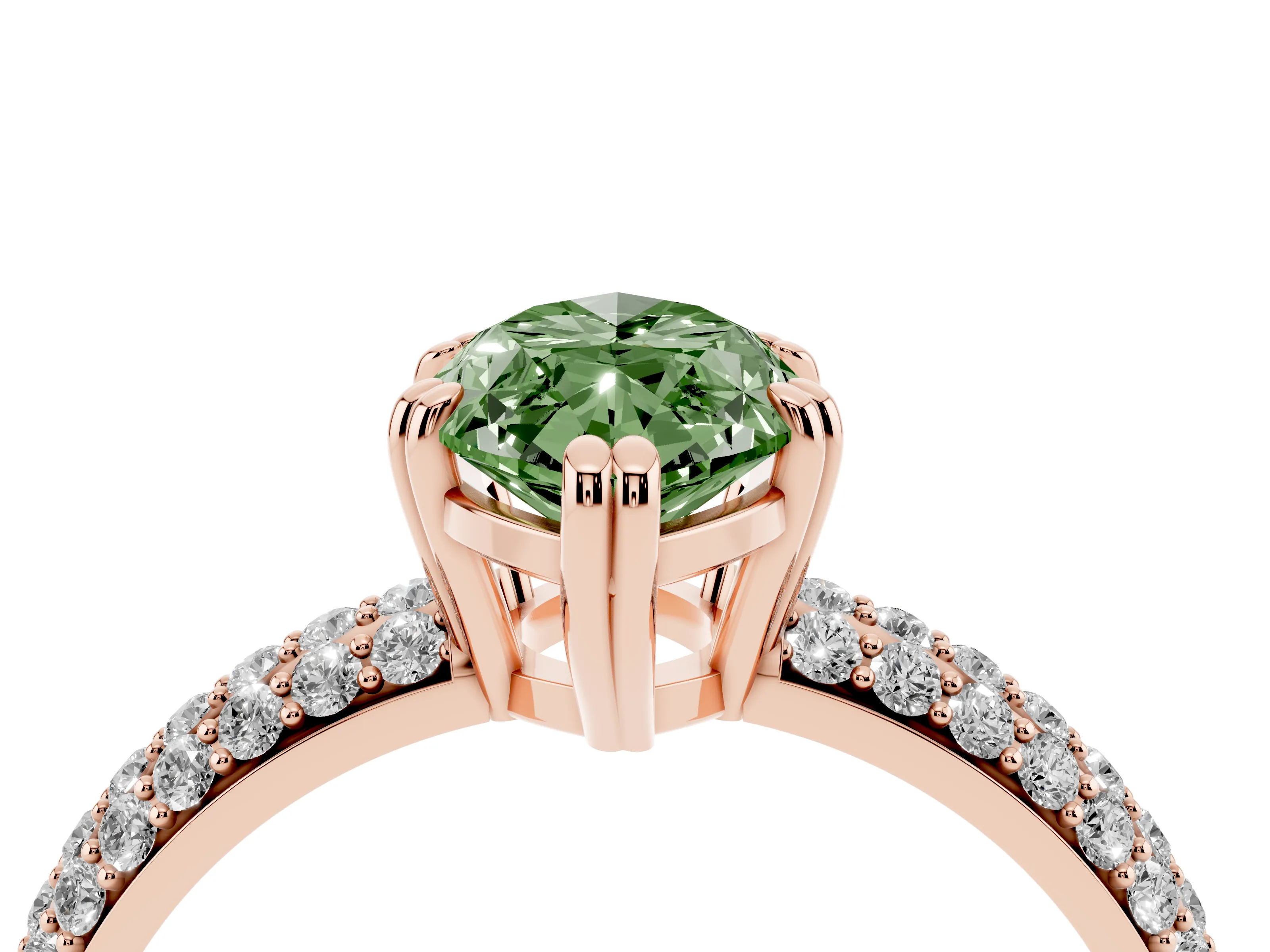 Fancy Green Marquise Cut Diamond Solitaire Ring Set in Rose gold with Multi-Row Round Pavé Band and Prong Setting