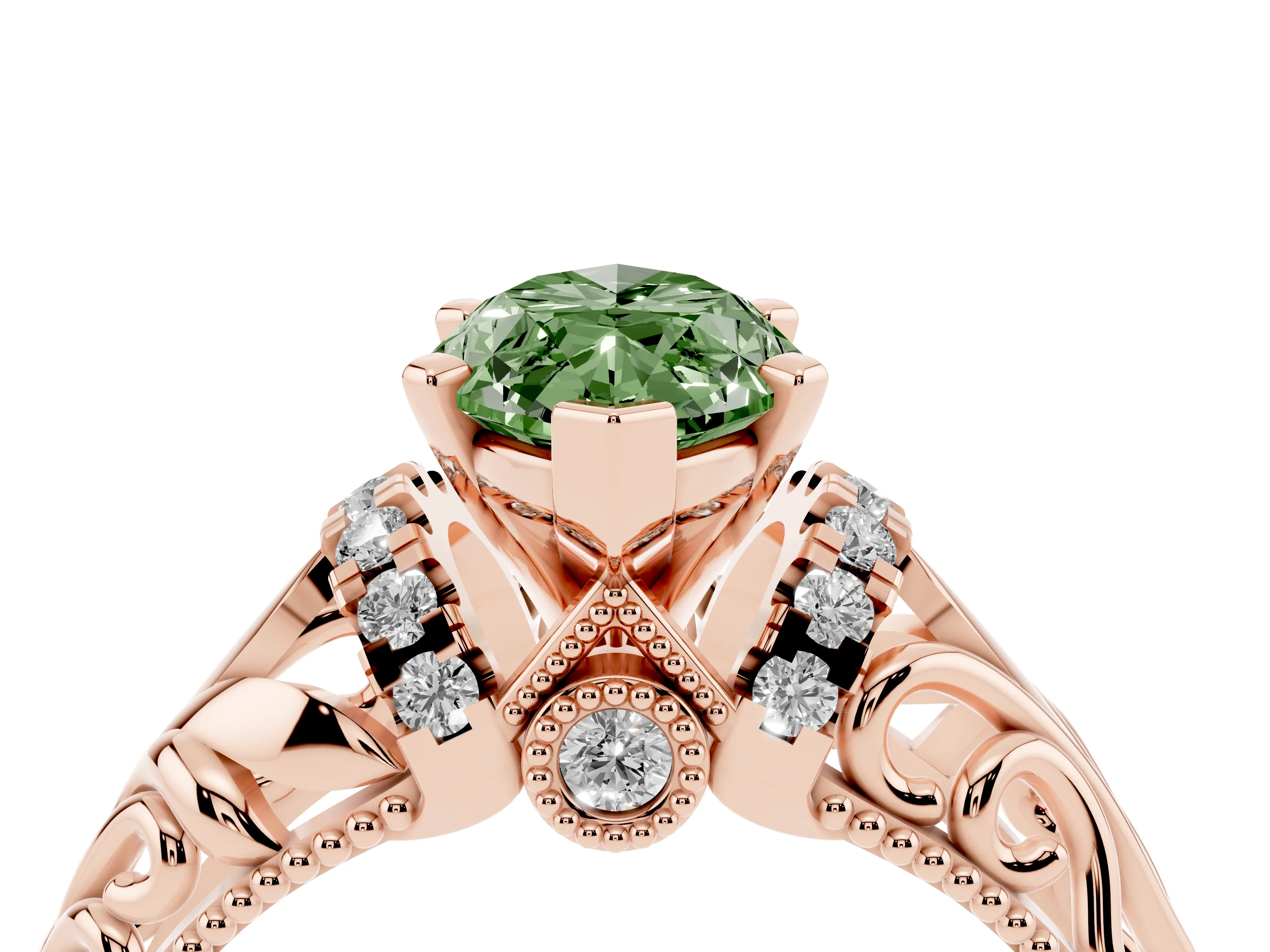 Fancy Green Marquise Cut Diamond Filigree Halo Engagement Ring Set in Rose gold with Prong Setting