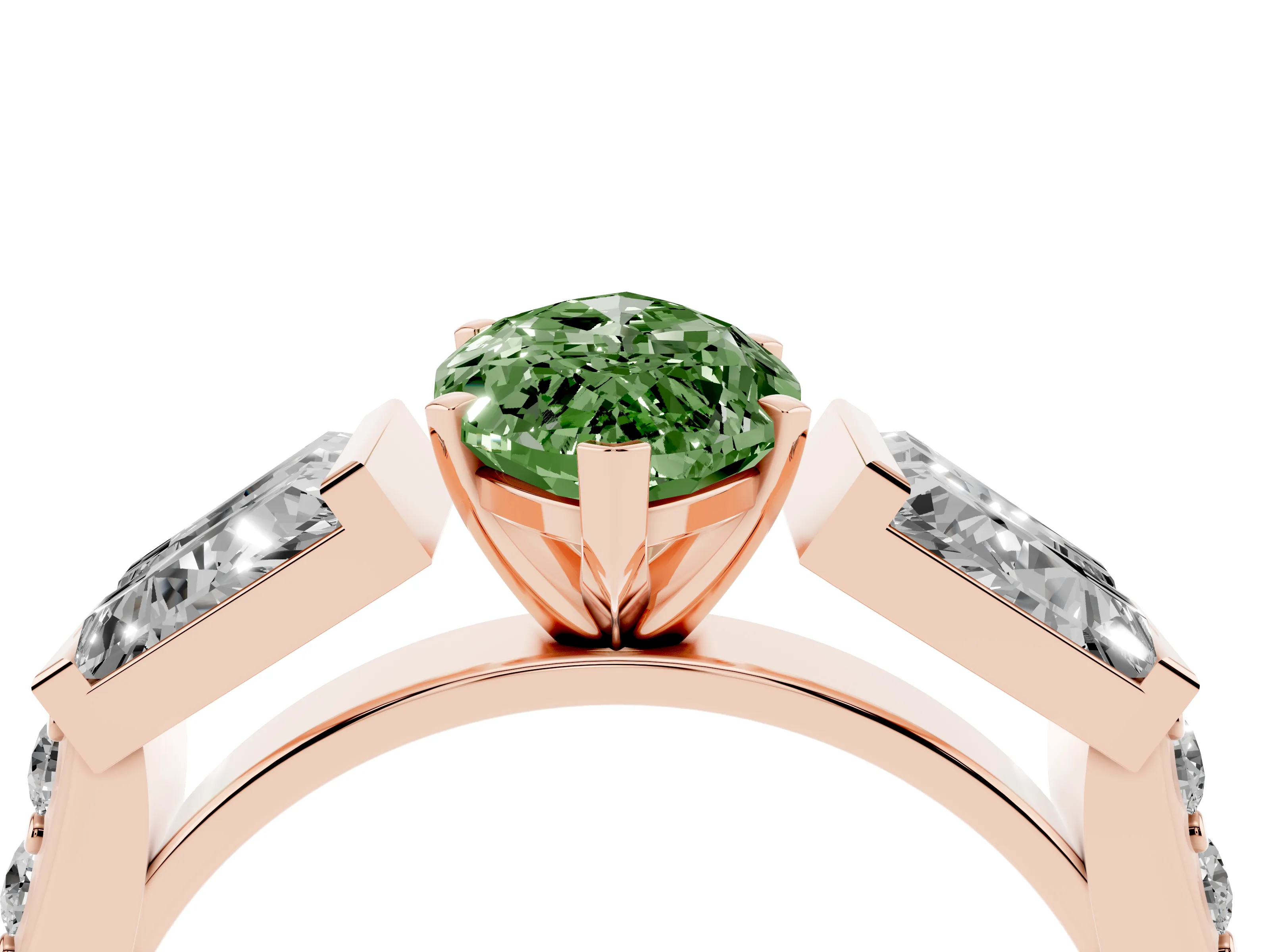 Fancy Green Marquise Cut Diamond Engagement Ring Set in Rose gold with Baguette Side Stones and Channel Set Band
