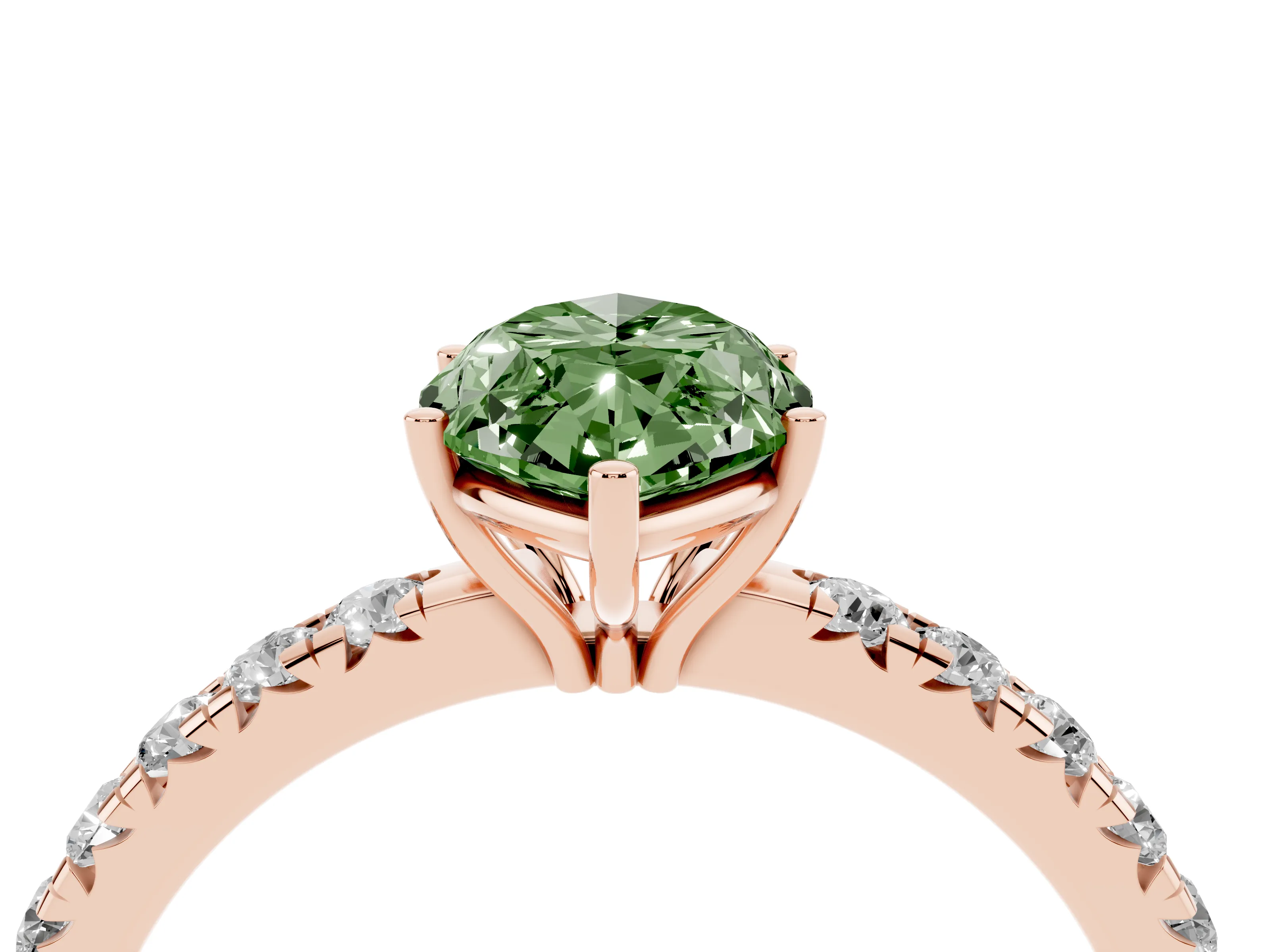 Fancy Green Marquise Cut Diamond Pavé Solitaire Engagement Ring Set in Rose gold with Prong Setting