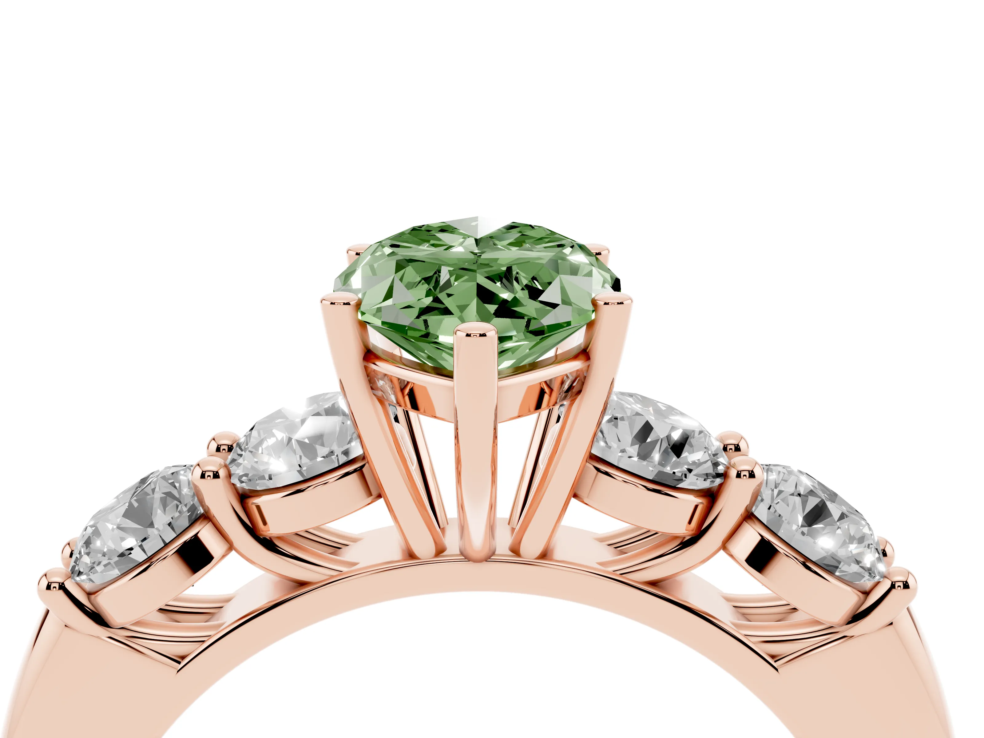 Fancy Green Marquise Cut Diamond Five-Stone Prong Set Ring Set in Rose gold with Classic Band