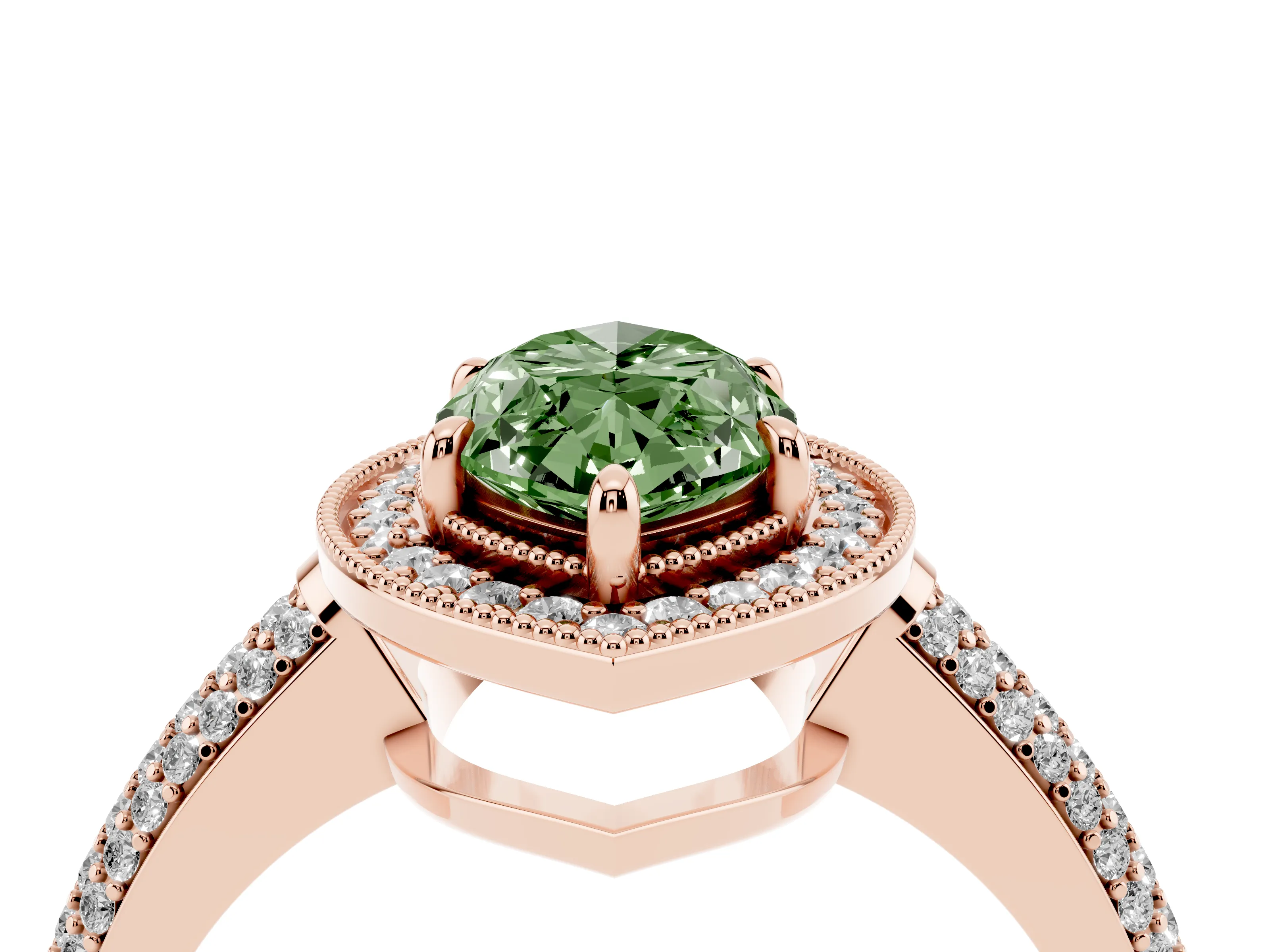 Fancy Green Marquise Cut Diamond Halo Pavé Band Set in Rose gold with Prong Setting