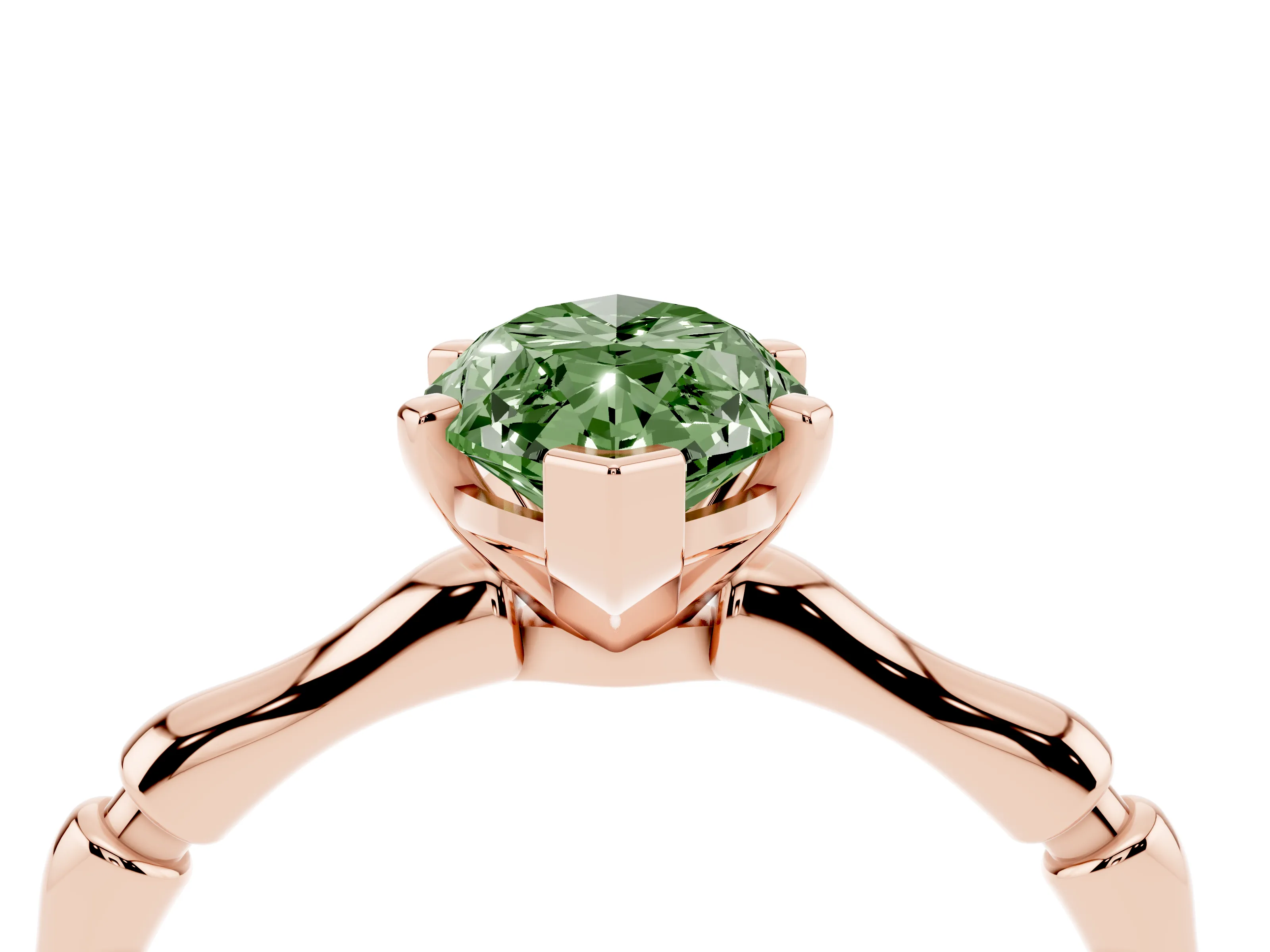 Fancy Green Marquise Cut Diamond Solitaire Ring Set in Rose gold with Bamboo Band and Prong Setting