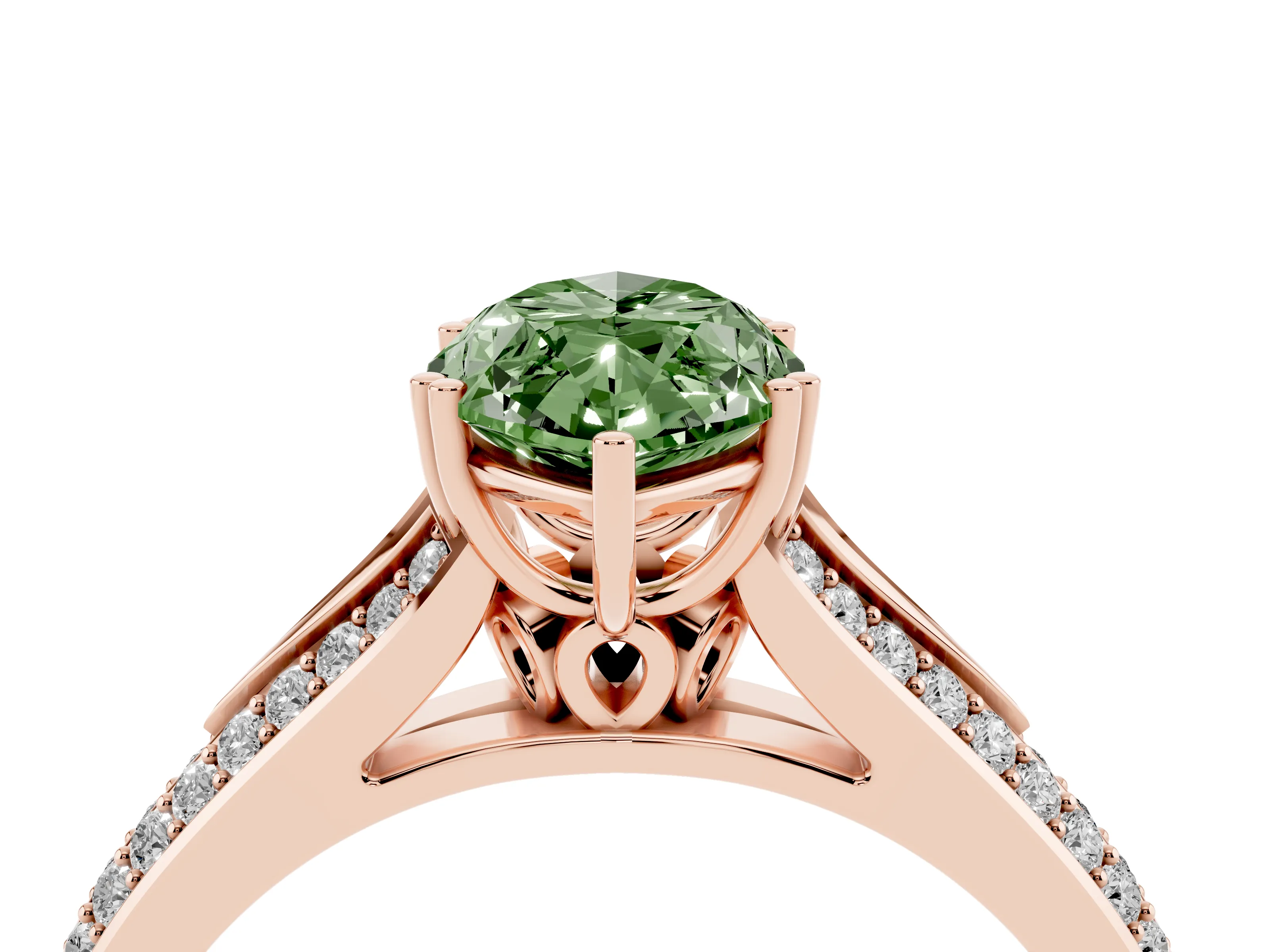 Fancy Green Marquise Cut Diamond Split Shank Pavé Engagement Ring Set in Rose gold with Prong-Set Center Stone