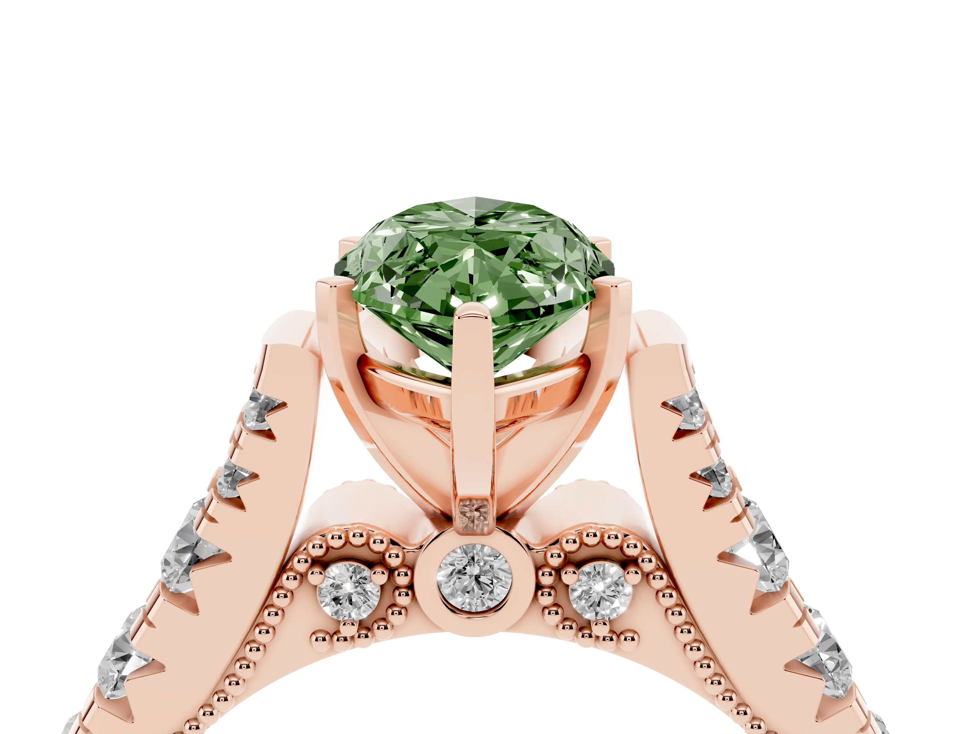 Fancy Green Marquise Cut Diamond Classic Solitaire Ring Set in Rose gold with Pavé Band and Prong Setting
