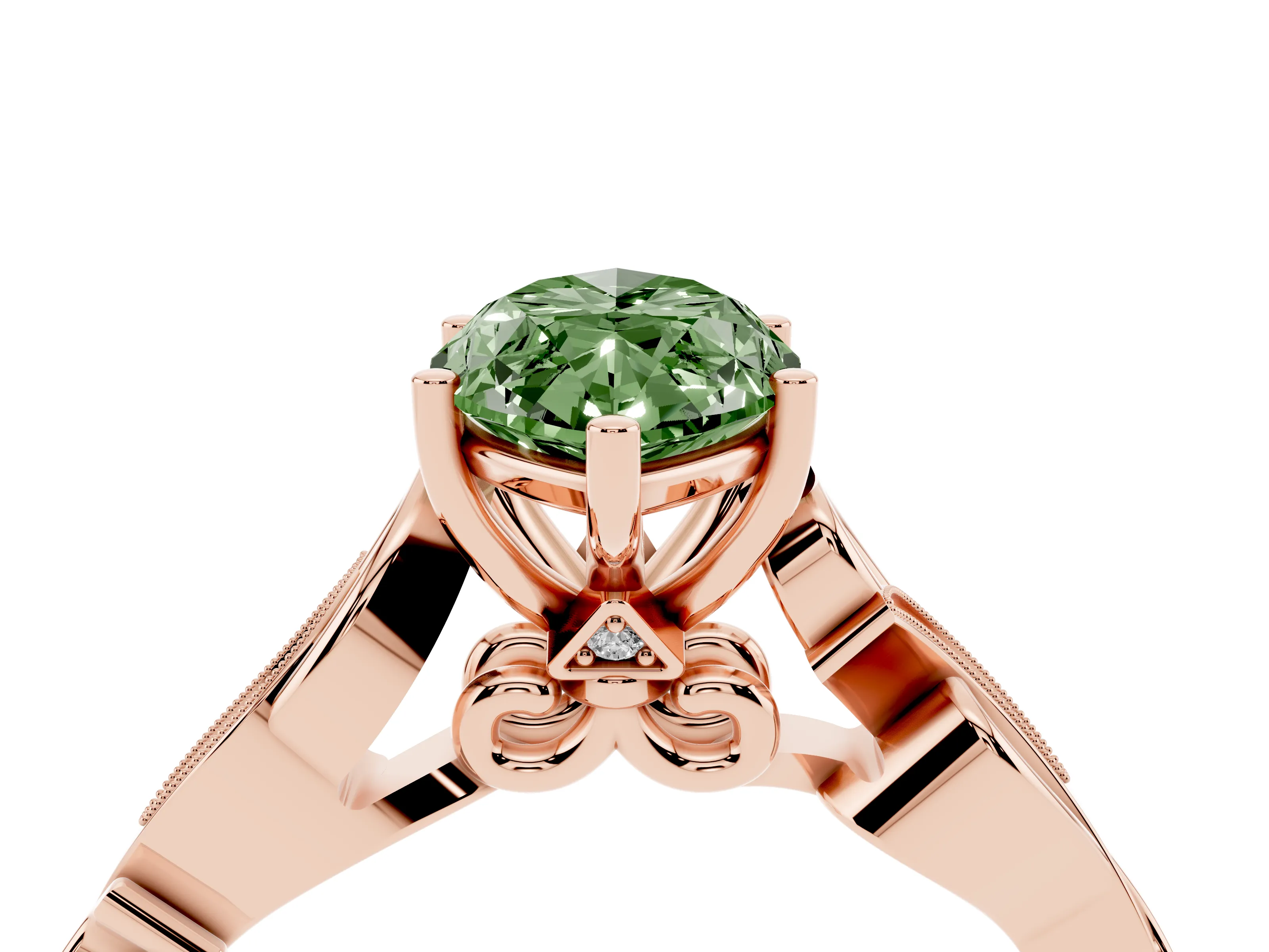Fancy Green Marquise Cut Diamond Vine Band Solitaire Ring Set in Rose gold with Milgrain Prong Setting