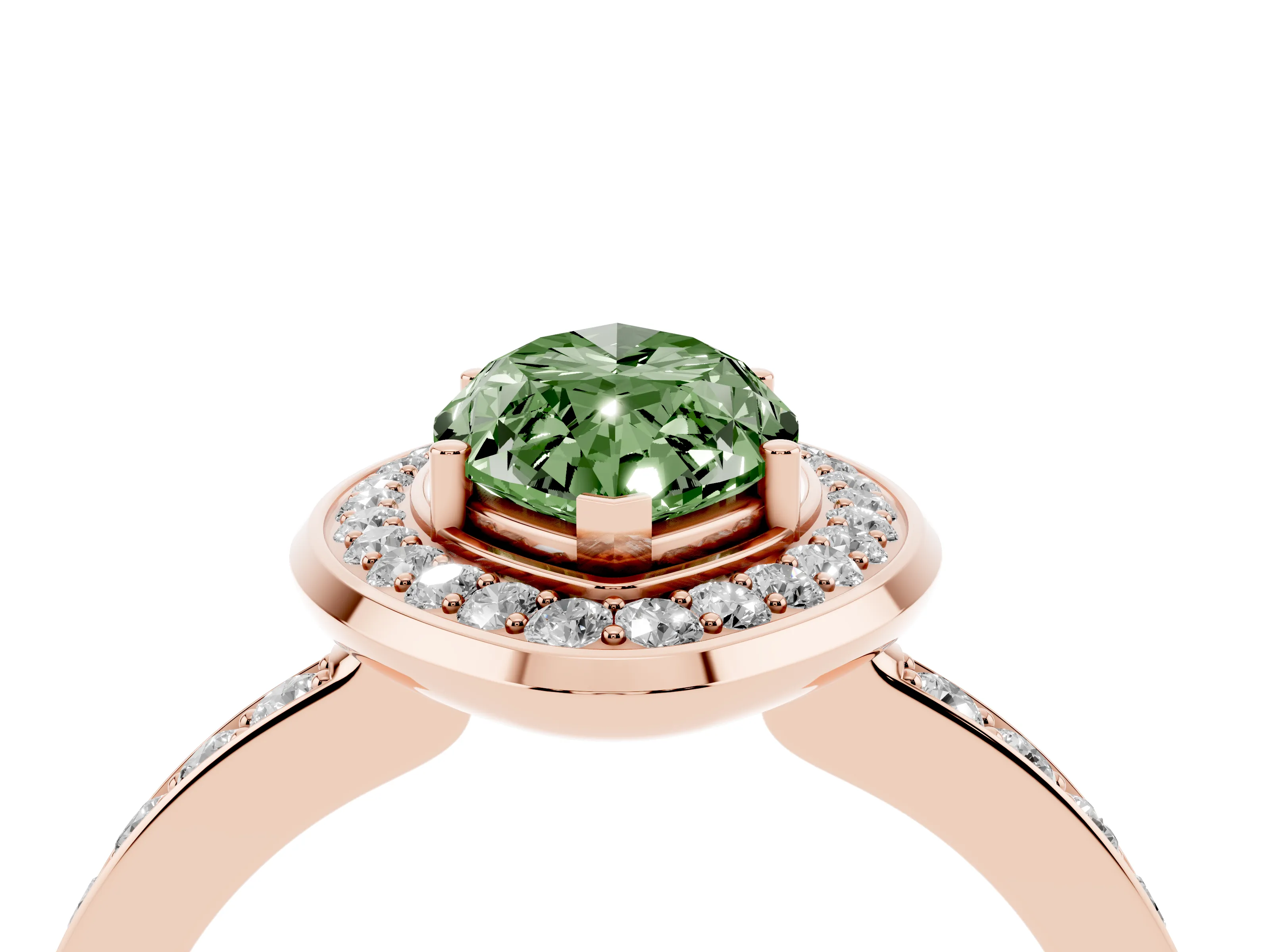 Fancy Green Marquise Cut Diamond Halo Ring Set in Rose gold with Bezel Frame and Pavé Band