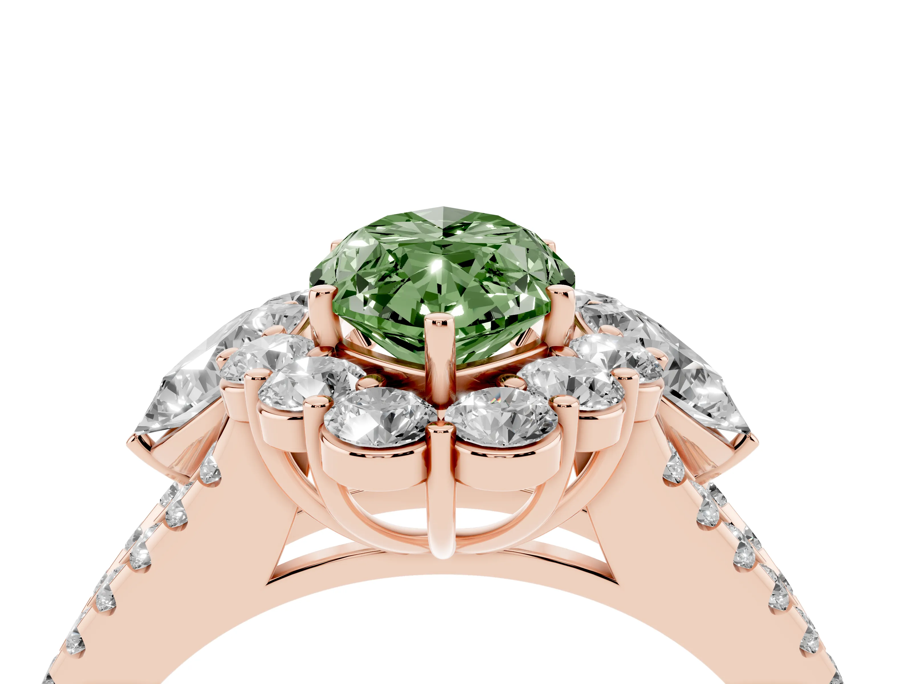 Fancy Green Marquise Cut Diamond Halo Split Shank Engagement Ring Set in Rose gold with Prong-Held Center Stone