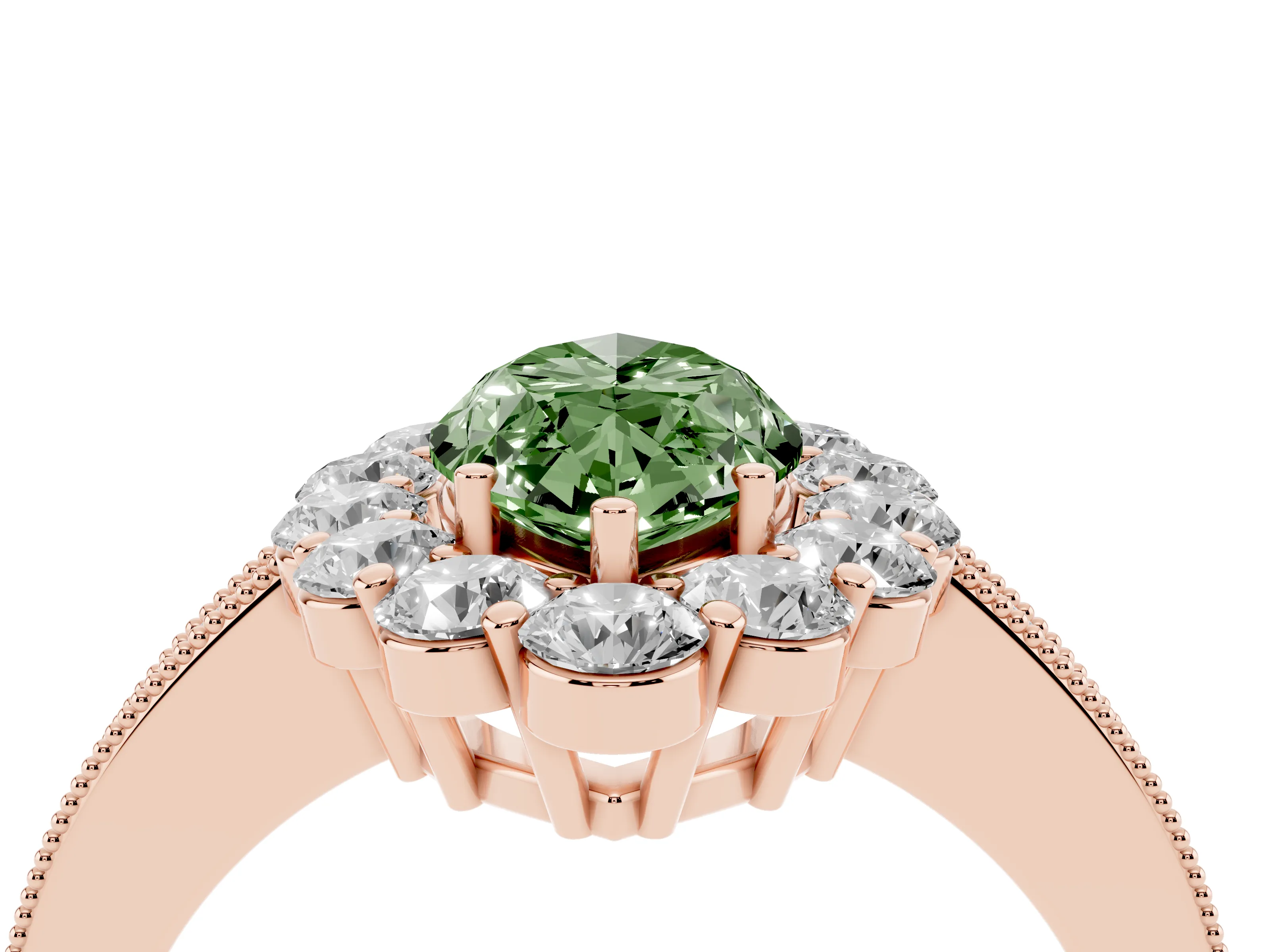 Fancy Green Marquise Cut Diamond Halo Pavé Engagement Ring Set in Rose gold with Milgrain Detailing