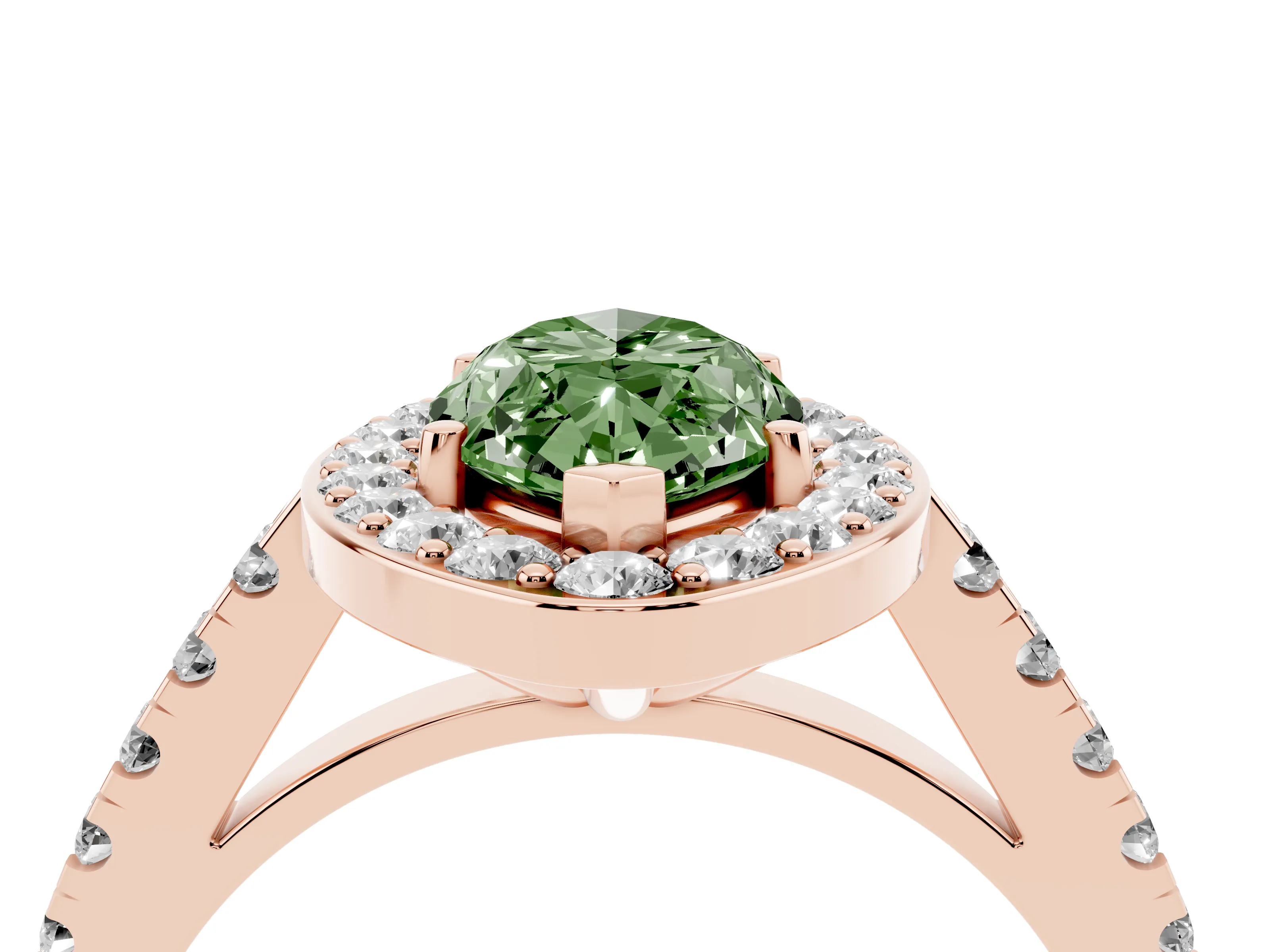 Fancy Green Marquise Cut Diamond Halo Ring Set in Rose gold with Round Pavé Split Shank and Prong Setting