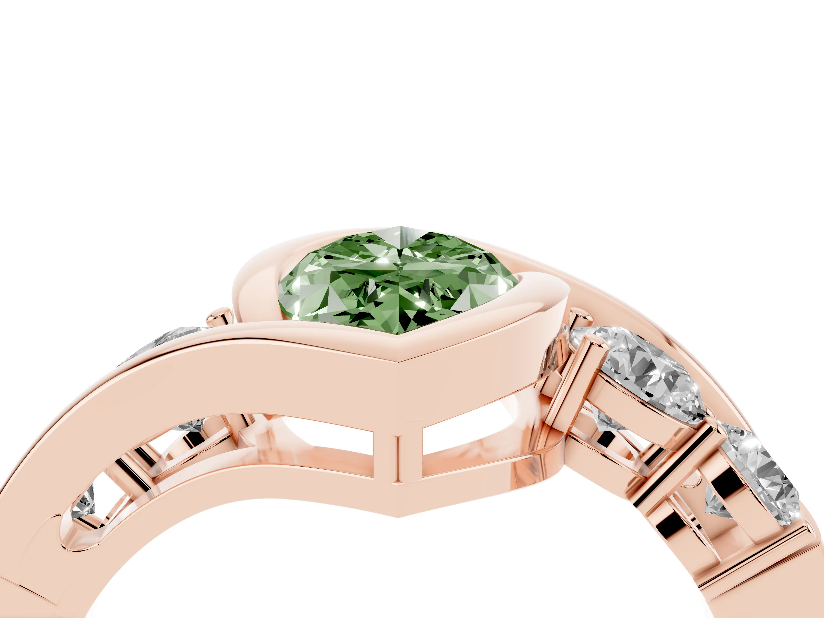 Fancy Green Marquise Cut Diamond Bezel Bypass Ring Set in Rose gold with Round Accents