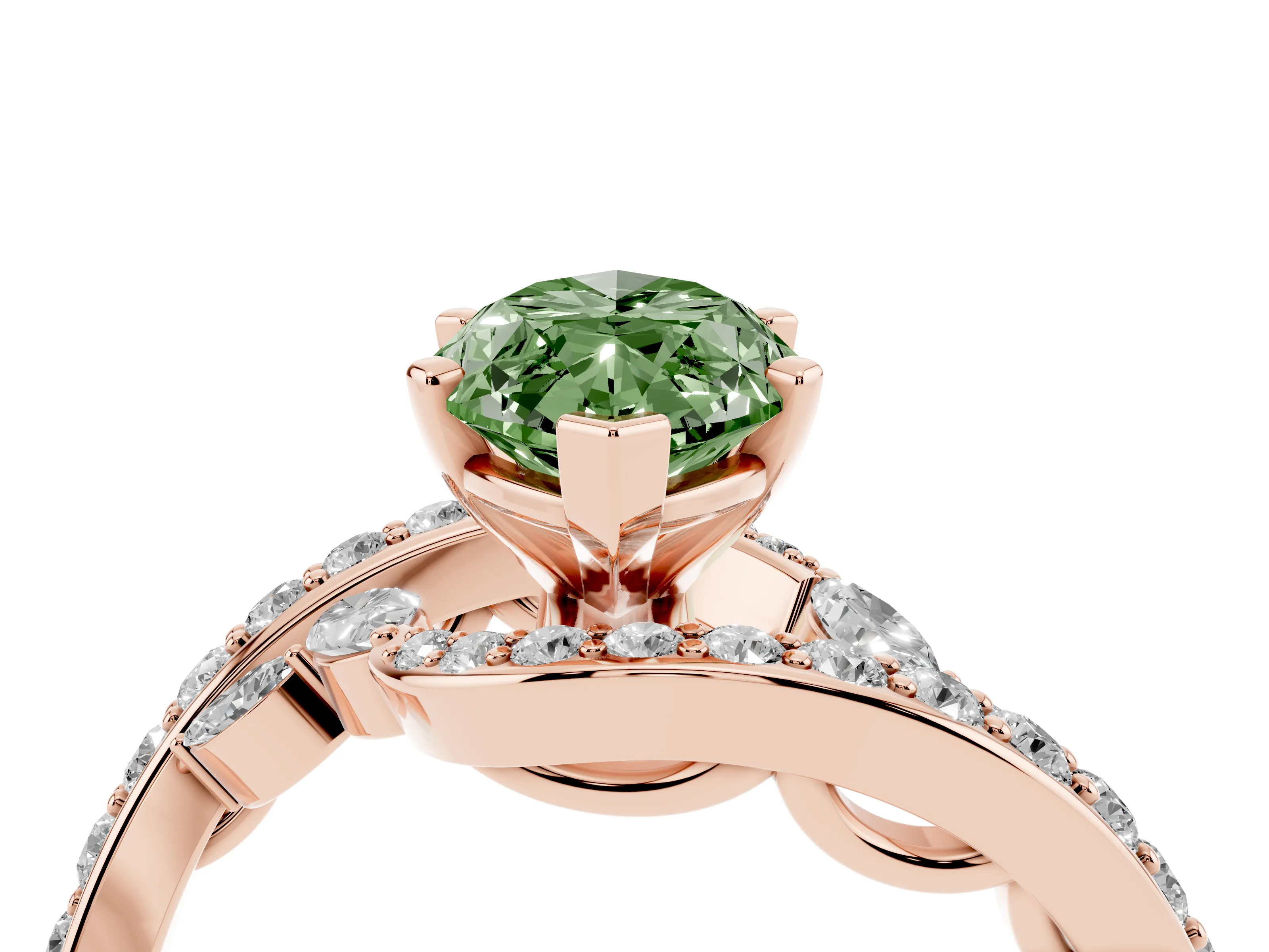 Fancy Green Marquise Cut Diamond Solitaire Ring Set in Rose gold with Pavé Twist Band and Secure Prong Setting