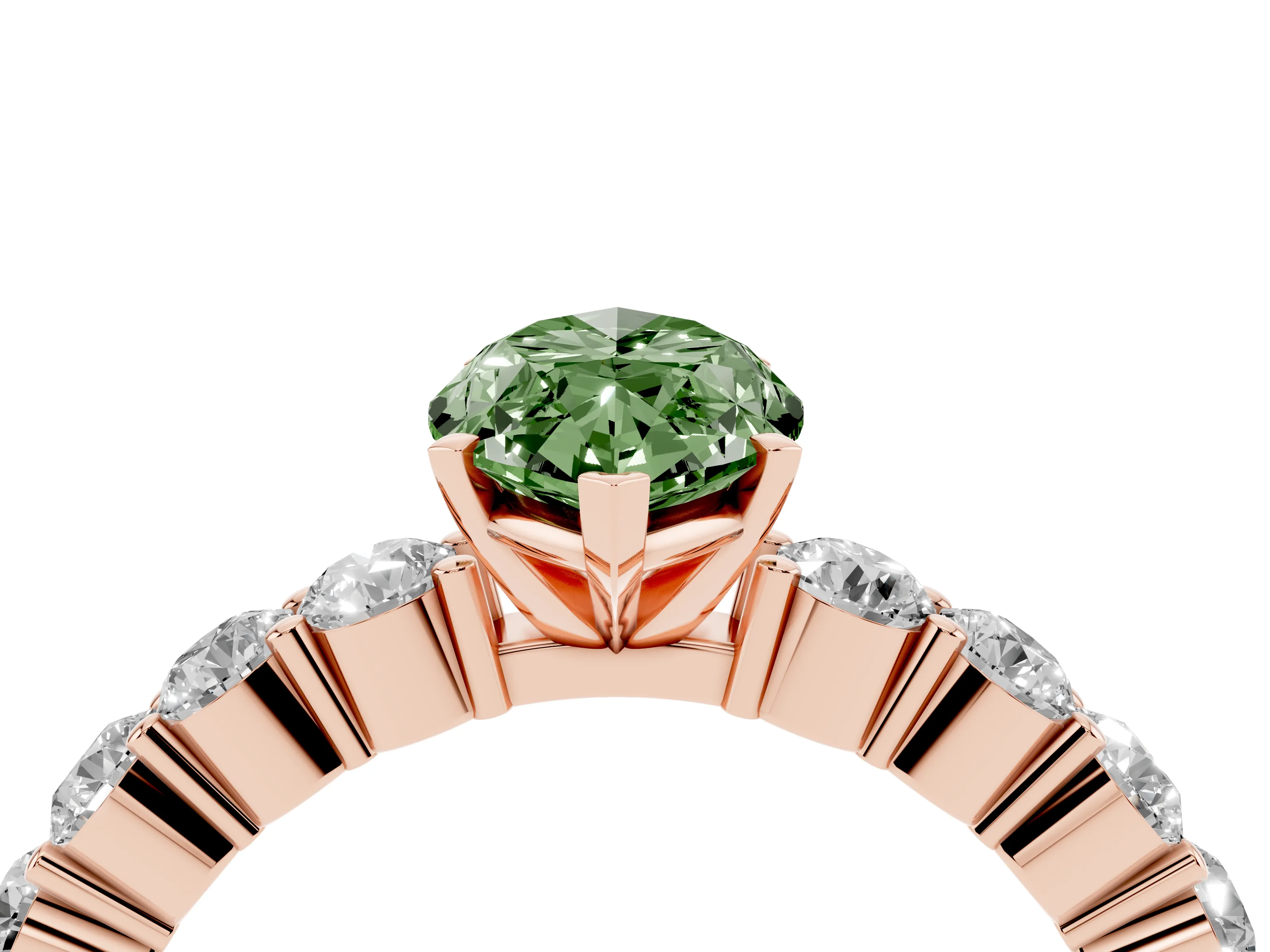 Fancy Green Marquise Cut Diamond Solitaire Ring Set in Rose gold with Shared Prong Round Side Stones