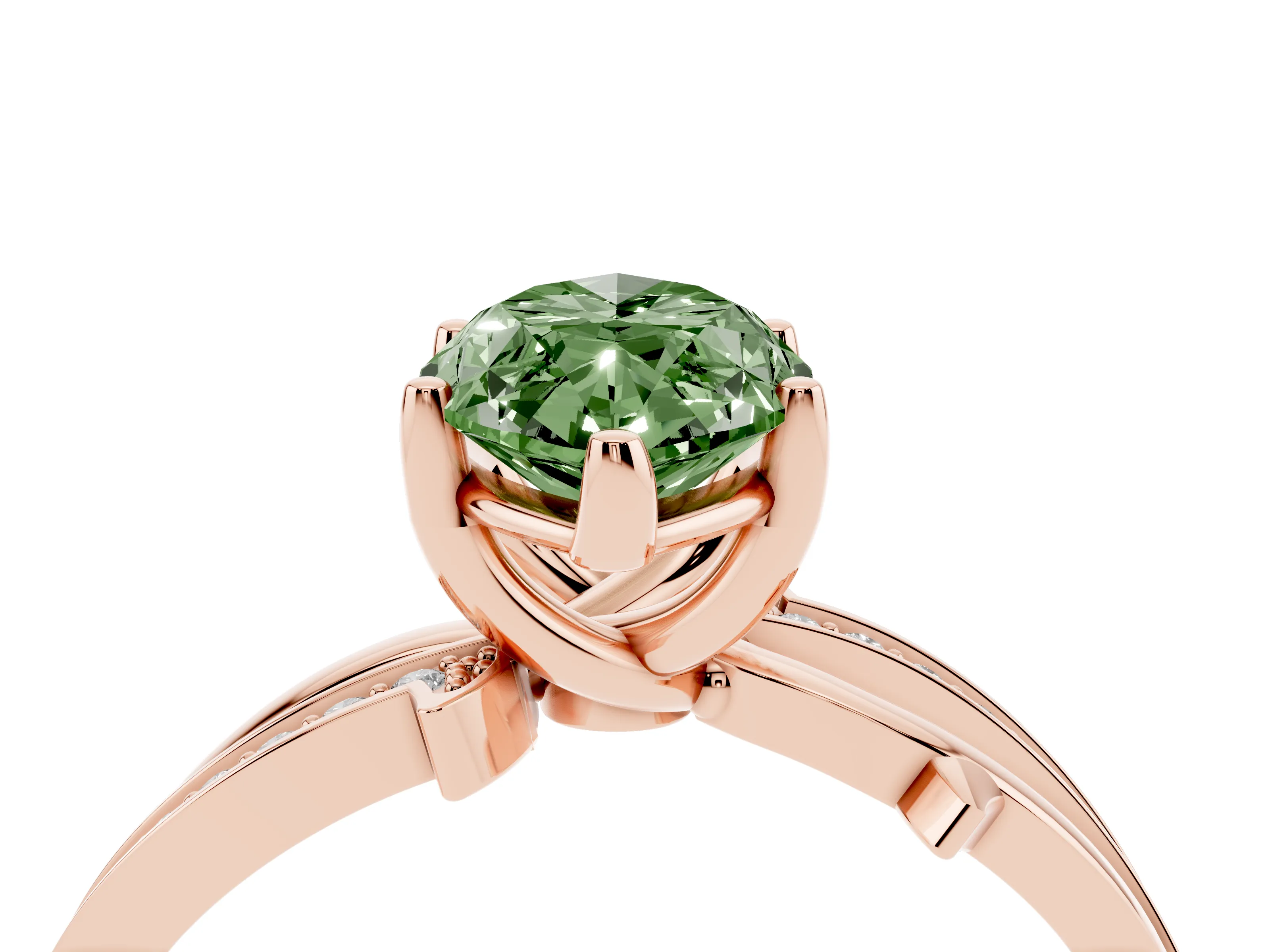 Fancy Green Marquise Cut Diamond Pavé Twist Band Solitaire Ring Set in Rose gold with Prong Setting