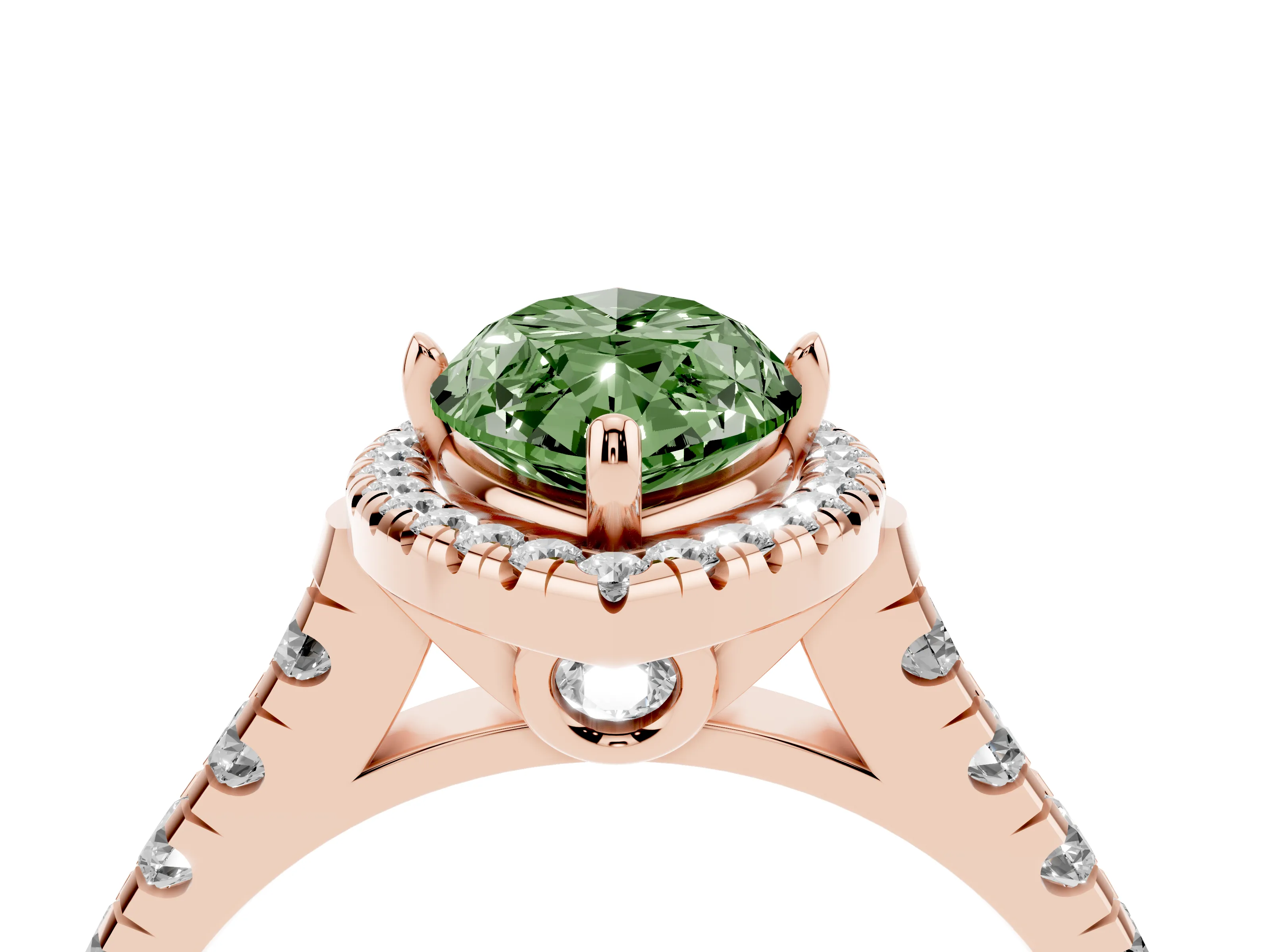 Fancy Green Marquise Cut Diamond Halo Engagement Ring Set in Rose gold with Pavé Band and Prong-Set Center