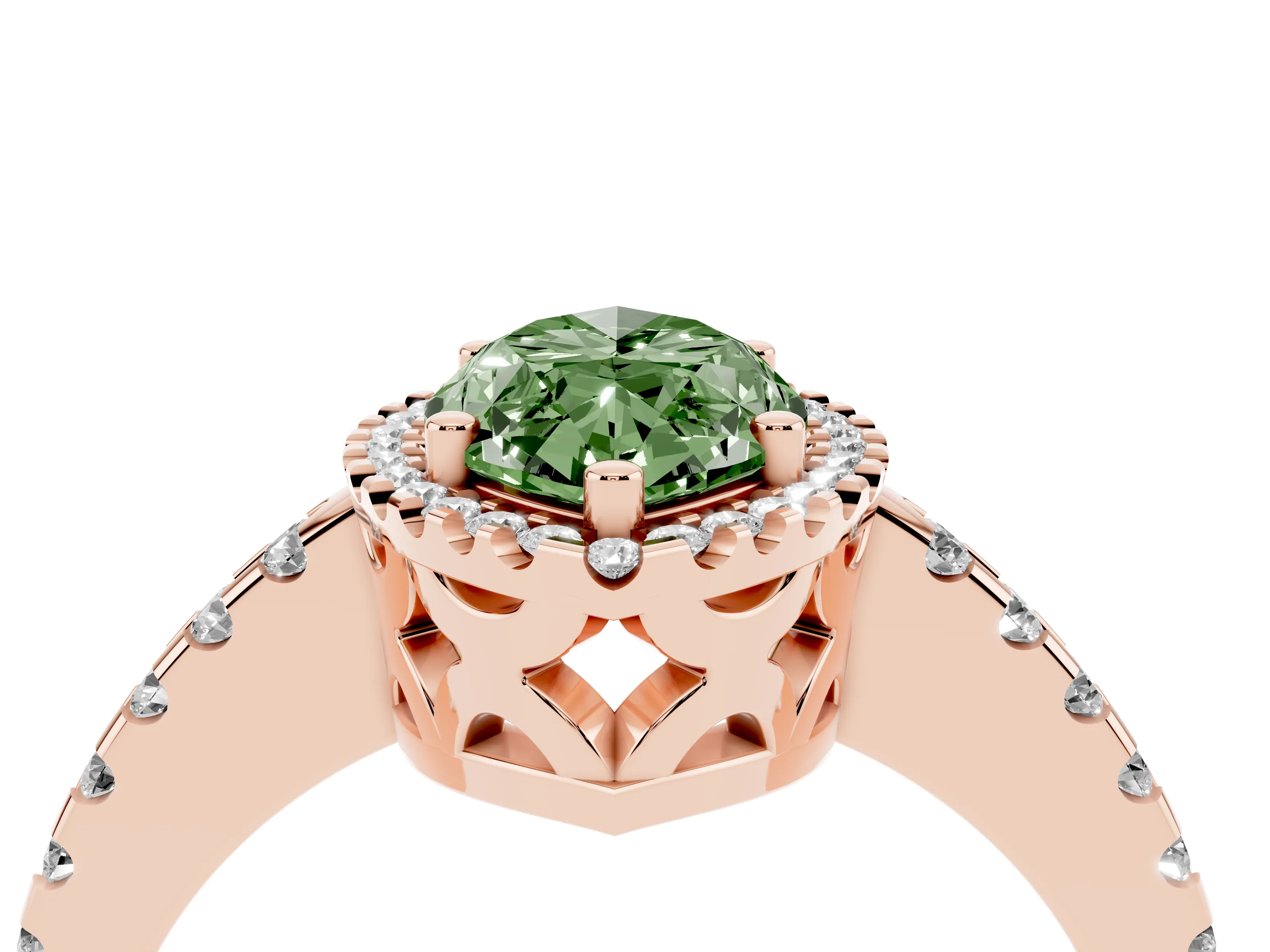 Fancy Green Marquise Cut Diamond Halo Ring Set in Rose gold with Pavé Shoulders and Halo-Framed Center