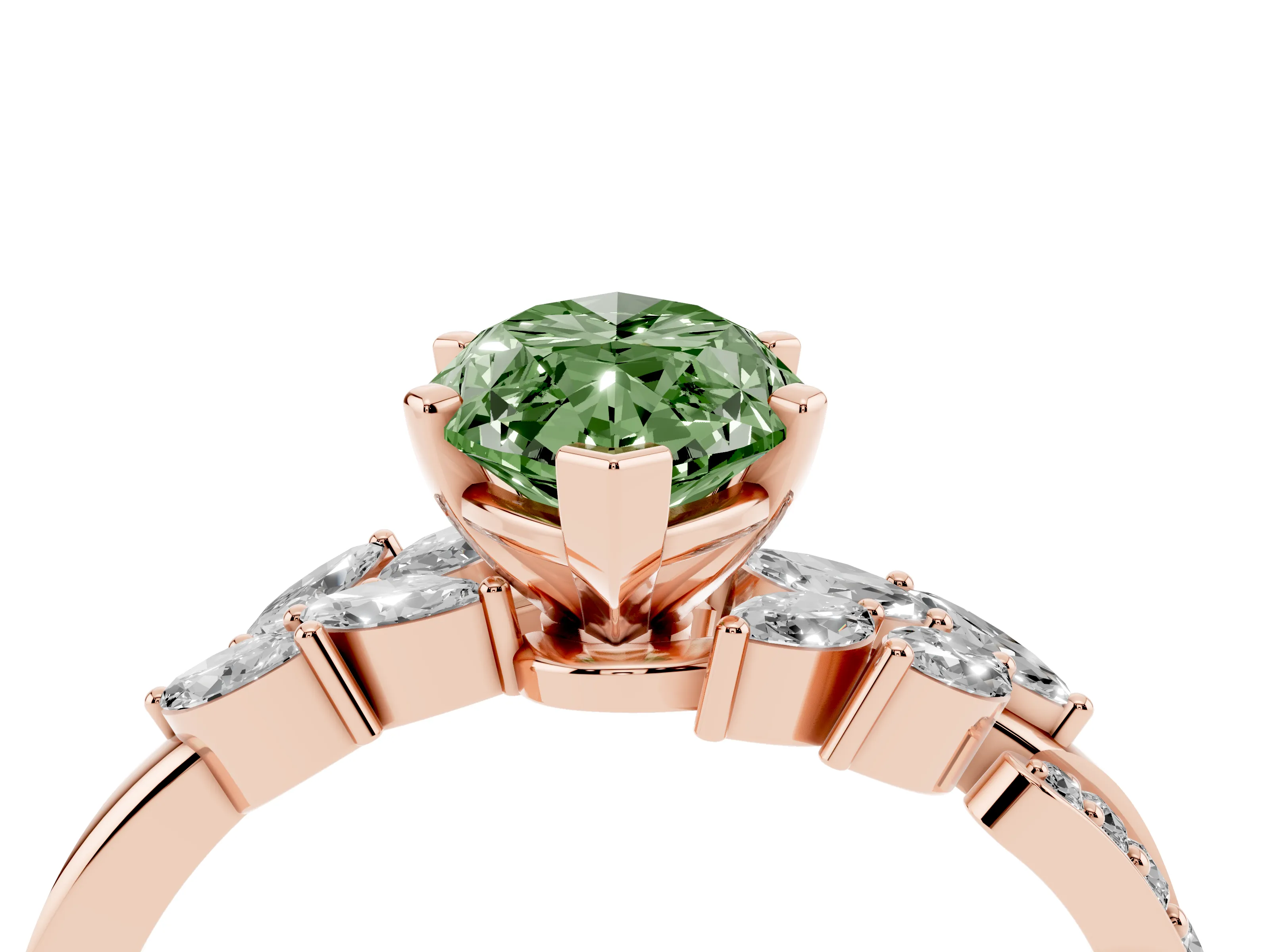Fancy Green Marquise Cut Diamond Solitaire Ring Set in Rose gold with Marquise Twist Band and Prong Setting