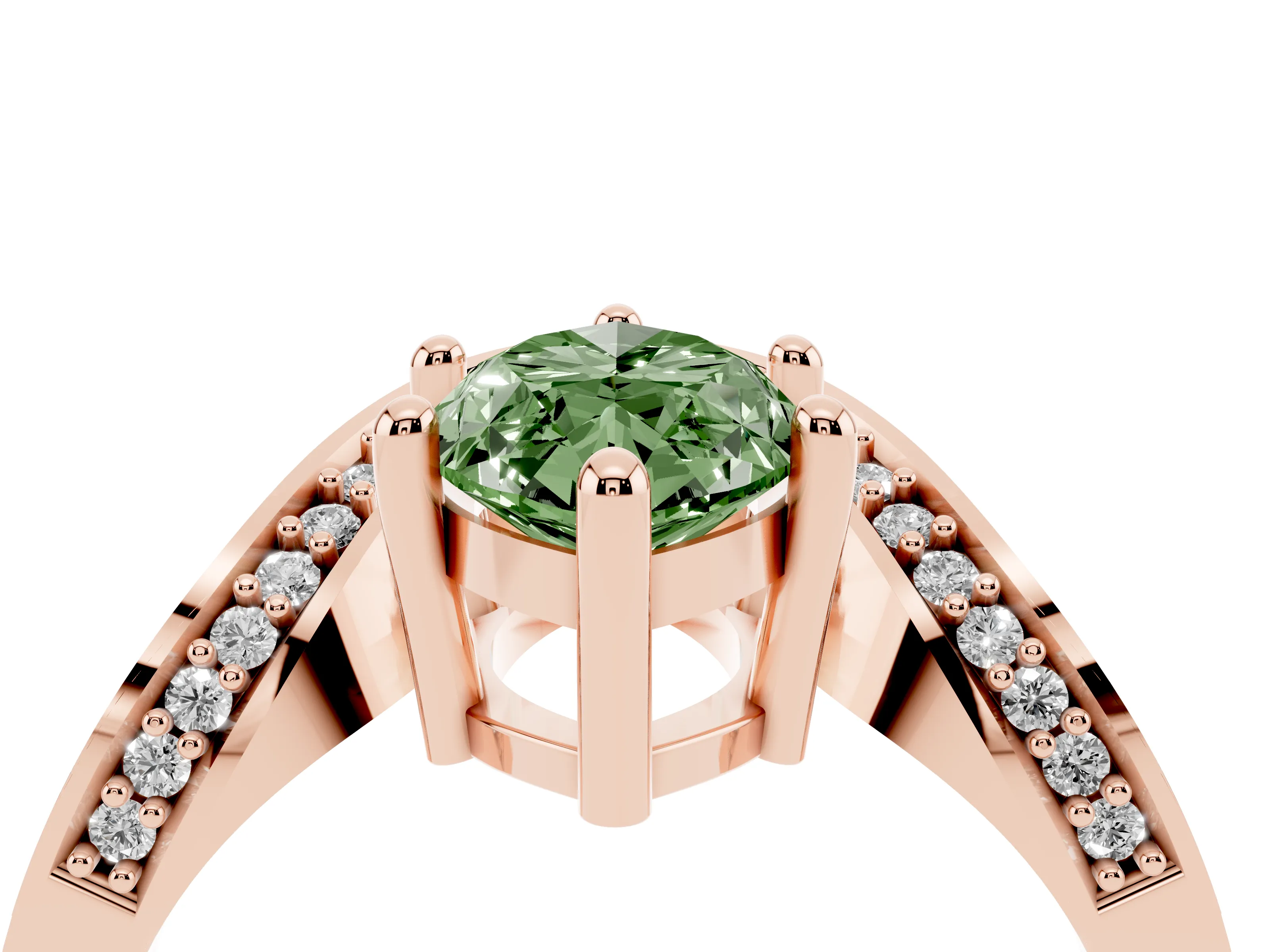 Fancy Green Marquise Cut Diamond Solitaire Engagement Ring Set in Rose gold with Pavé Shoulders