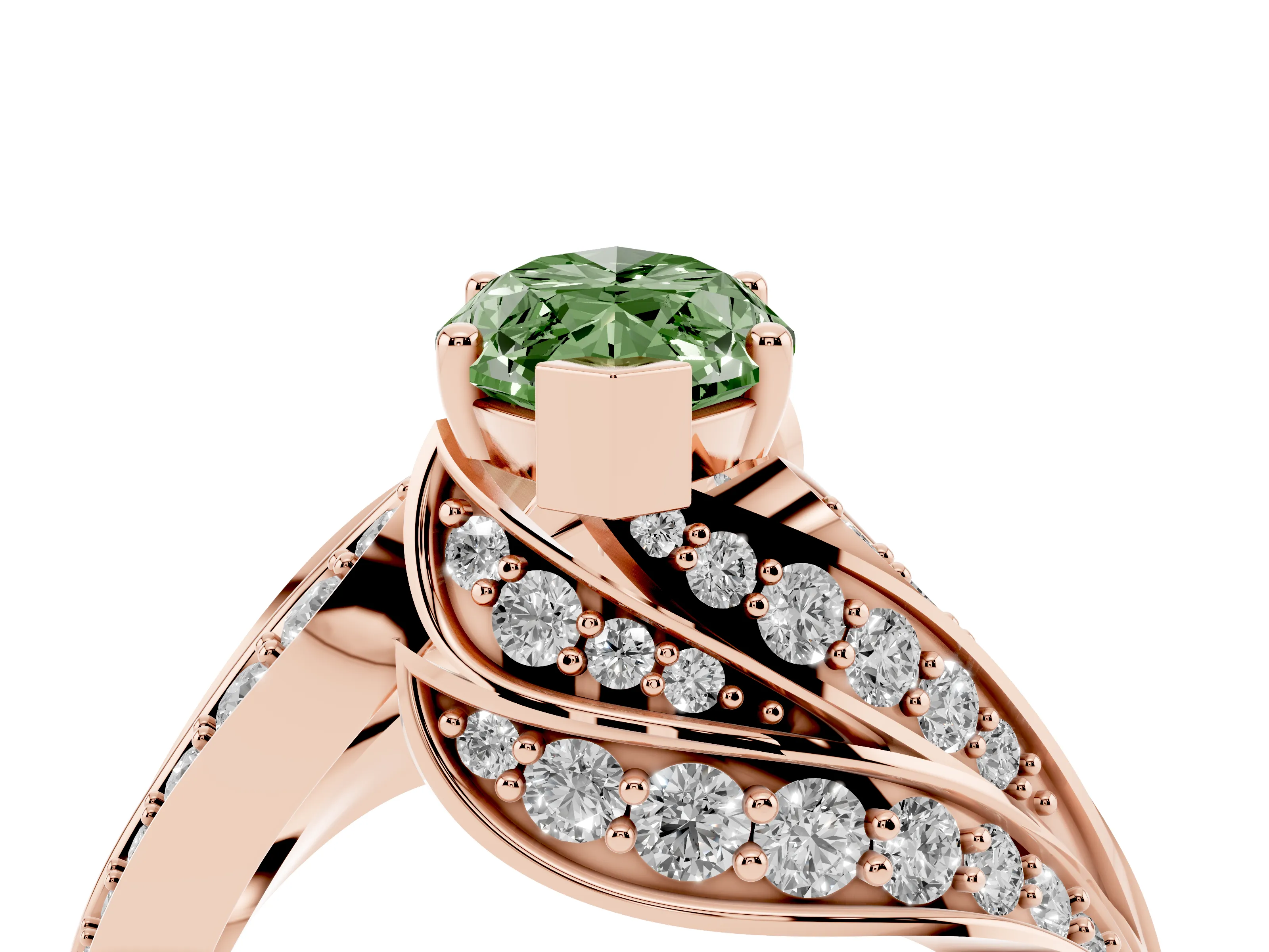 Fancy Green Marquise Cut Diamond Solitaire Ring Set in Rose gold with Layered Twist Pavé Band
