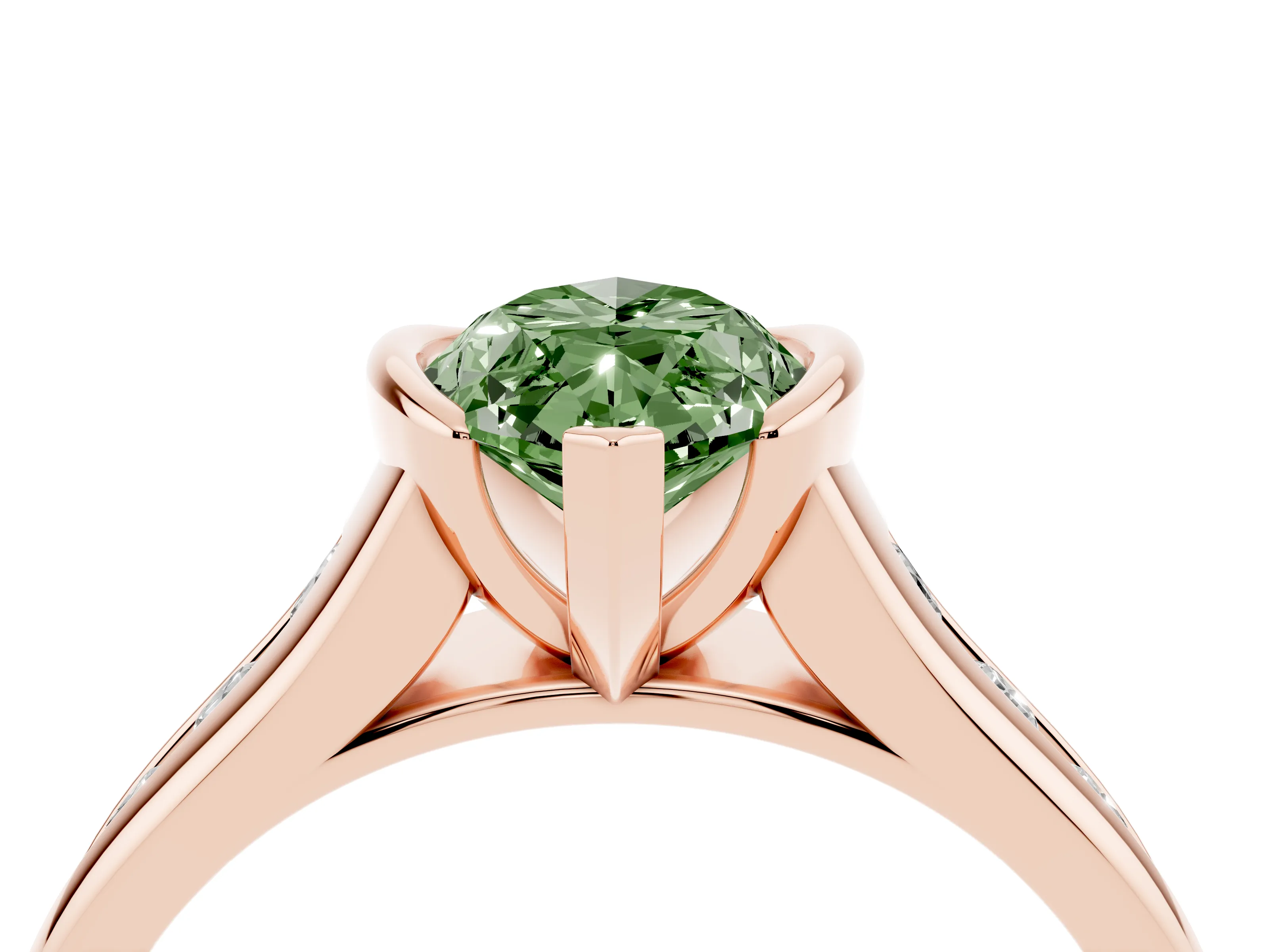 Fancy Green Marquise Cut Diamond Bezel-Set Solitaire Ring Set in Rose gold with Channel-Set Band