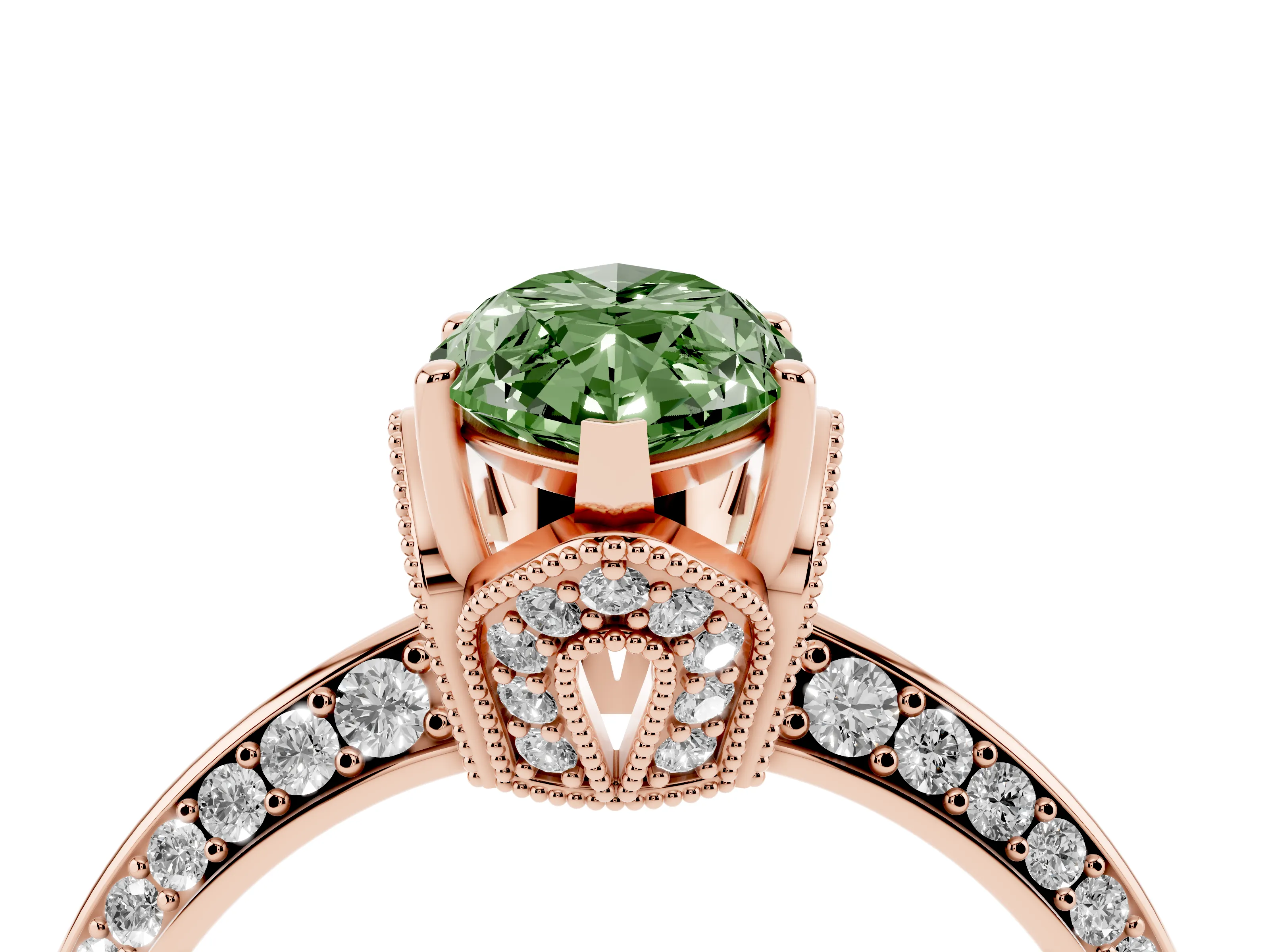 Fancy Green Marquise Cut Diamond Solitaire Engagement Ring Set in Rose gold with Pavé Split Shank and Prong Setting
