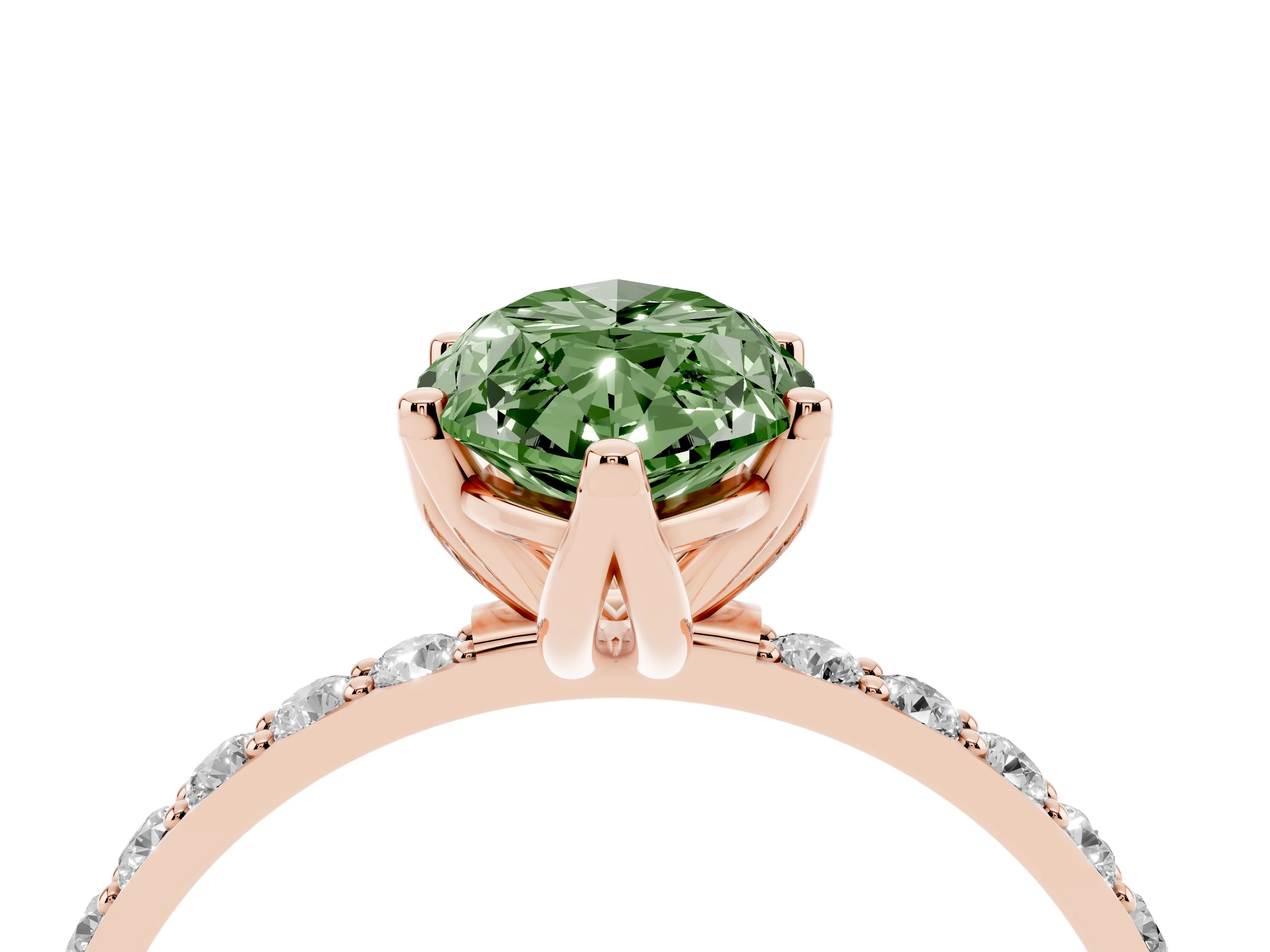 Fancy Green Marquise Cut Diamond Solitaire Engagement Ring Set in Rose gold with Round Pavé Band and Prong Setting