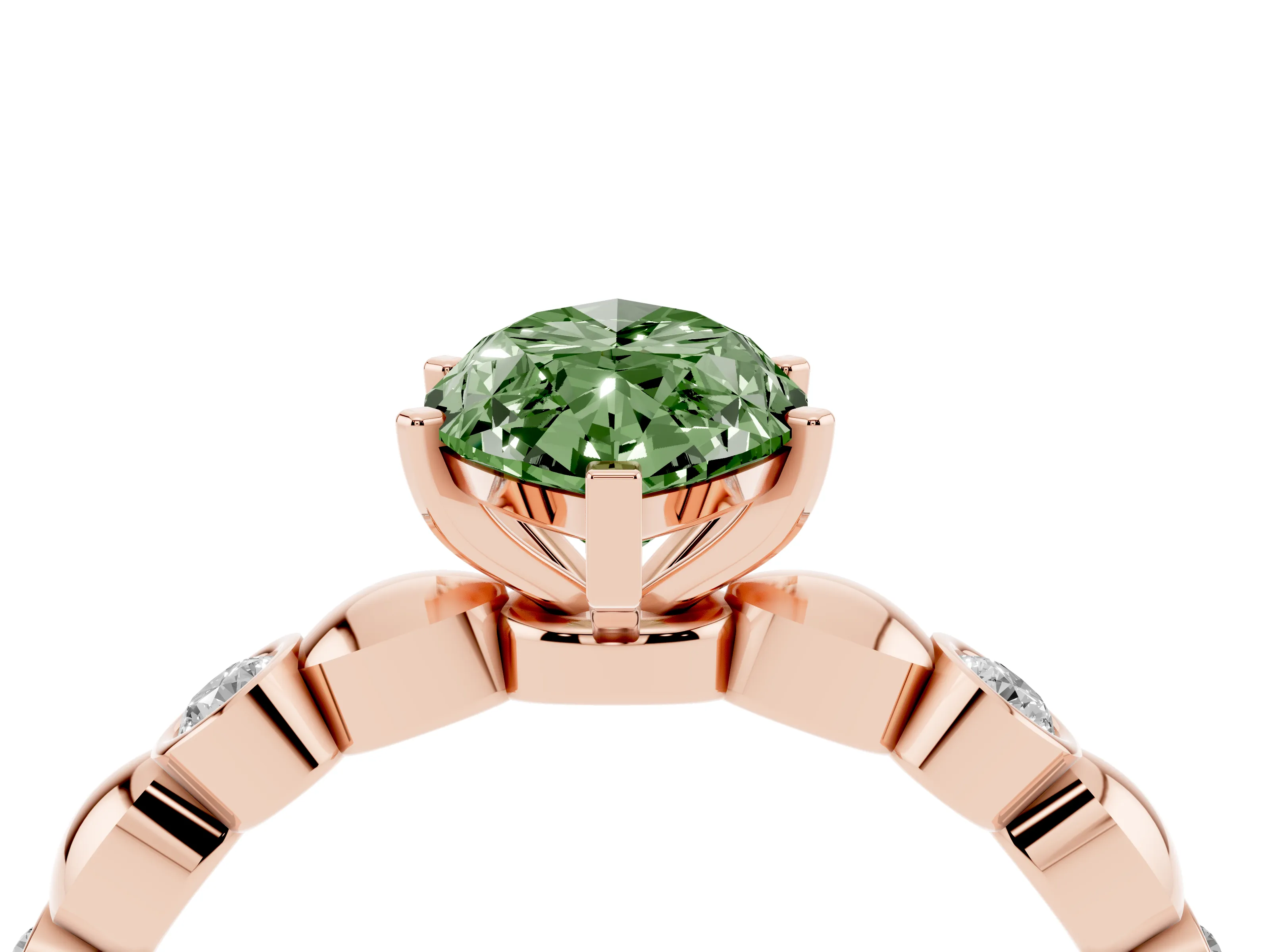 Fancy Green Marquise Cut Diamond Solitaire Ring Set in Rose gold with Bezel-Set Accents on Beaded Band and Prong Setting