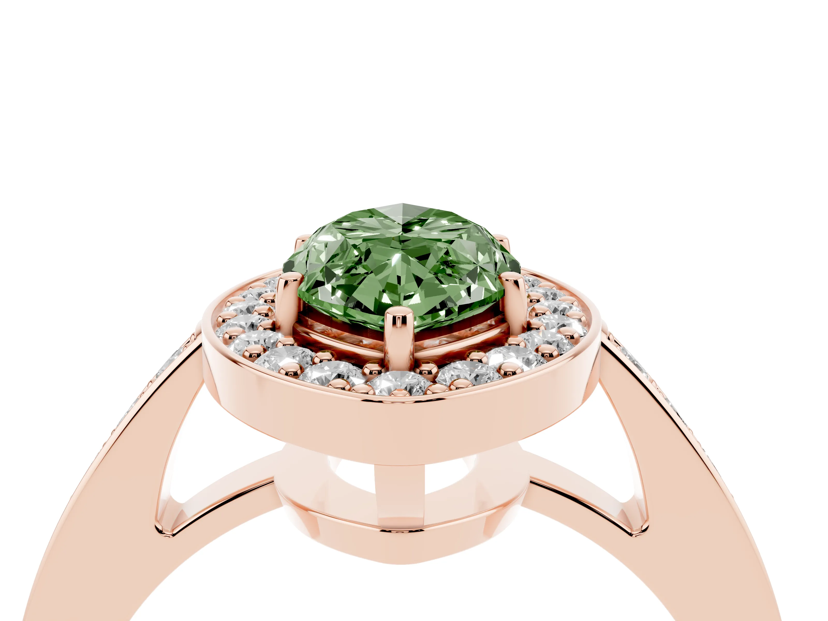 Fancy Green Marquise Cut Diamond Halo Pavé Engagement Ring Set in Rose gold with Bezel Setting