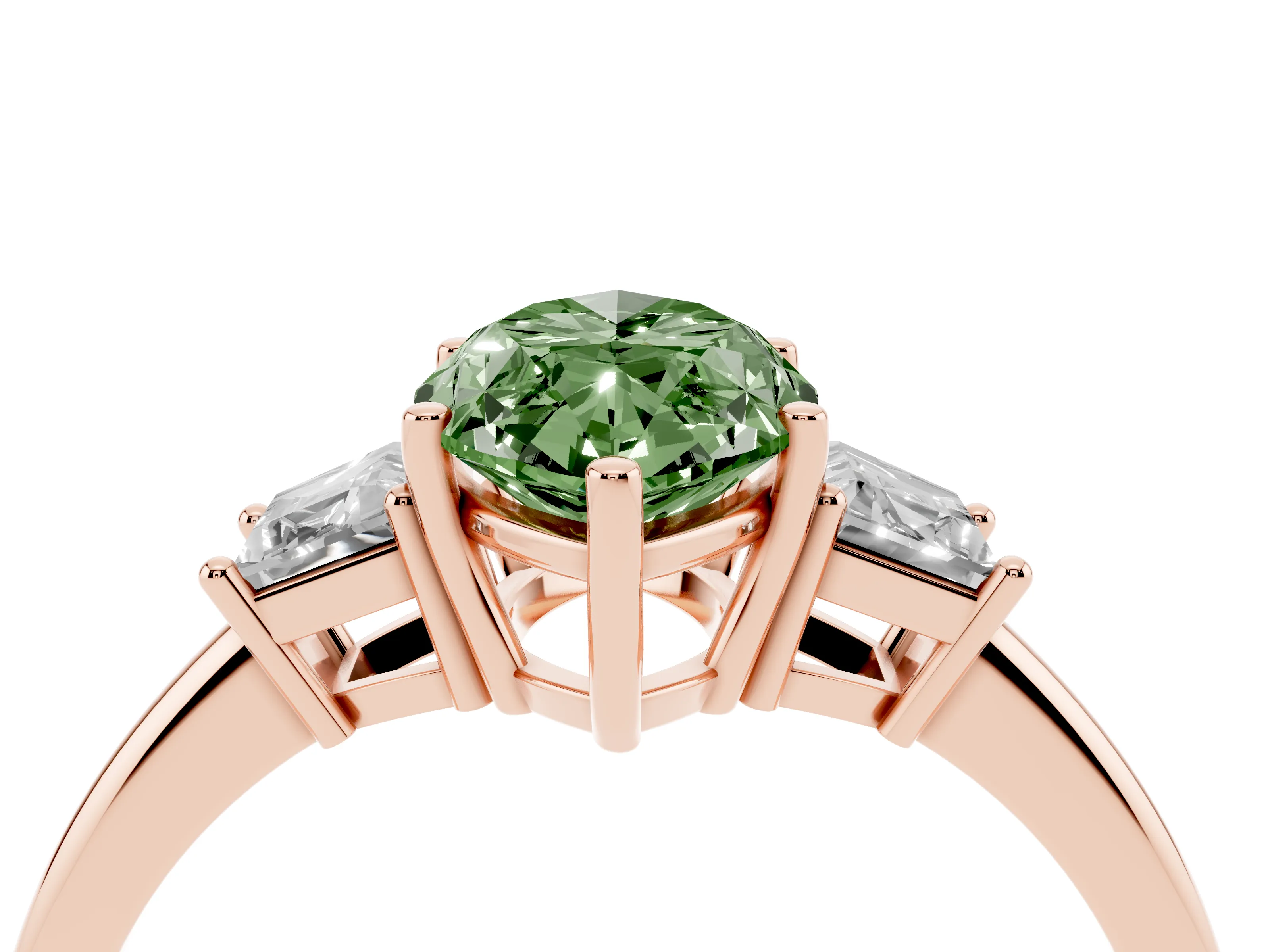 Fancy Green Marquise Cut Diamond Three-Stone Ring Set in Rose gold with Trapezoid Side Stones and Prong Setting